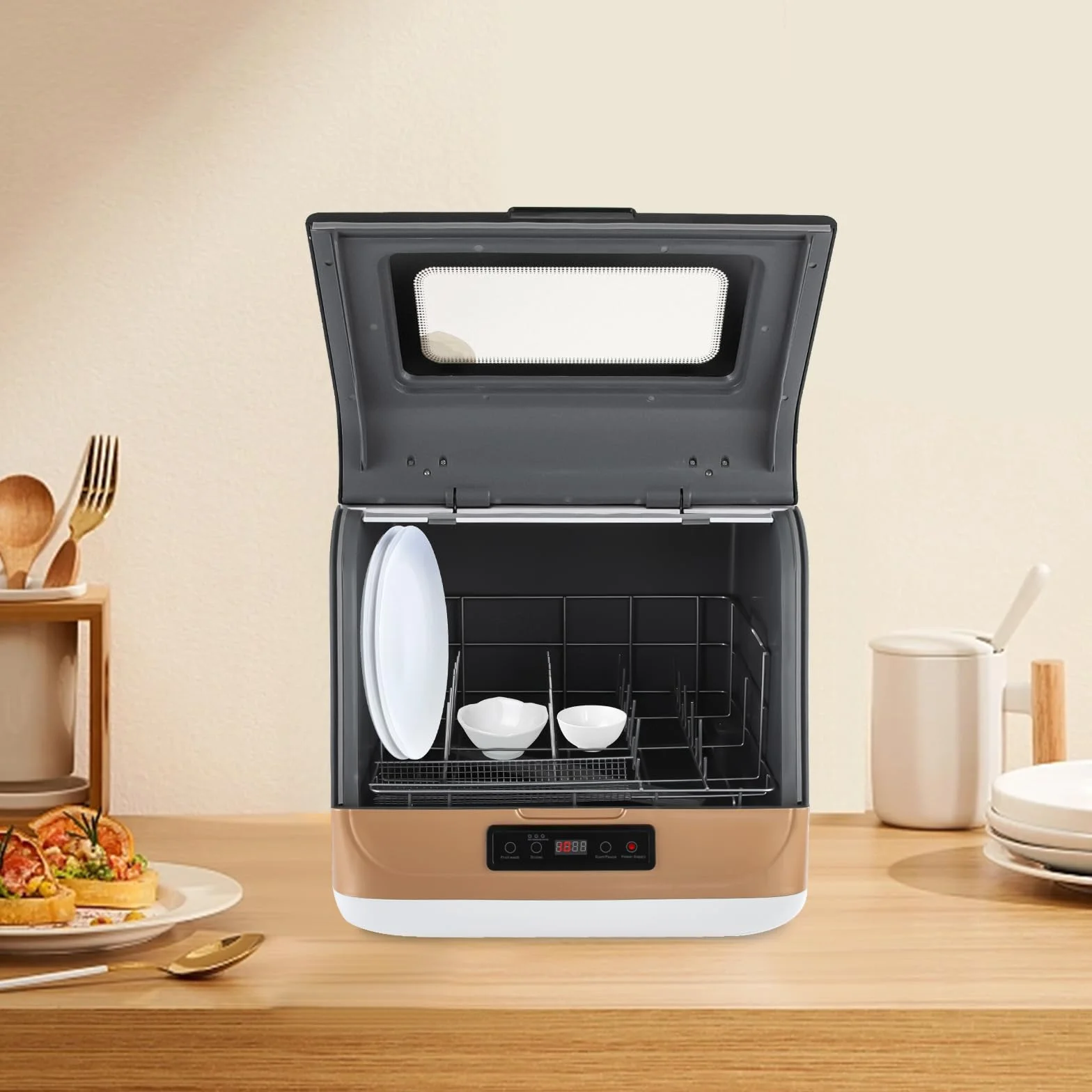 Gold - Lavastoviglie da tavolo moderna, mini lavastoviglie, con 360°, asciugatura, per appartamenti e caravan, 800 W