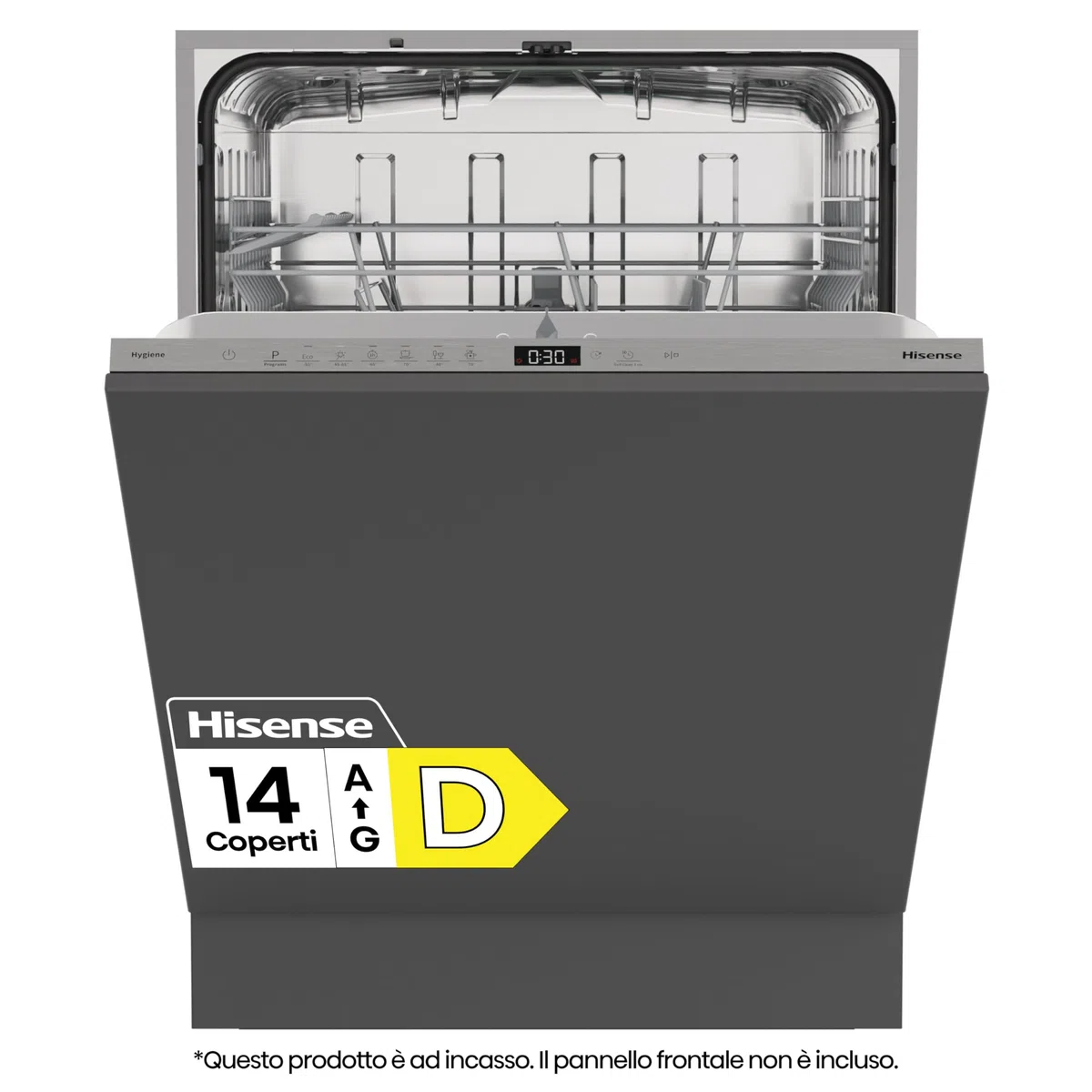 Hisense HV642D65 NUOVA Lavastoviglie da Incasso 60 cm, 14 Coperti, Apertura Porta Automatica, Cesti Flessibili, 6 Programmi, Classe Energetica D