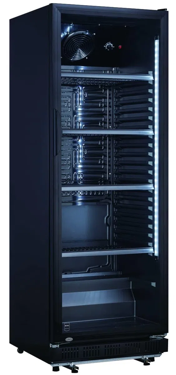 METRO Professional Frigorifero per bevande in acciaio/alluminio, porta in vetro con serratura e chiave, 4 ripiani regolabili, 180 W, illuminazione a LED (Nero, 347 L)