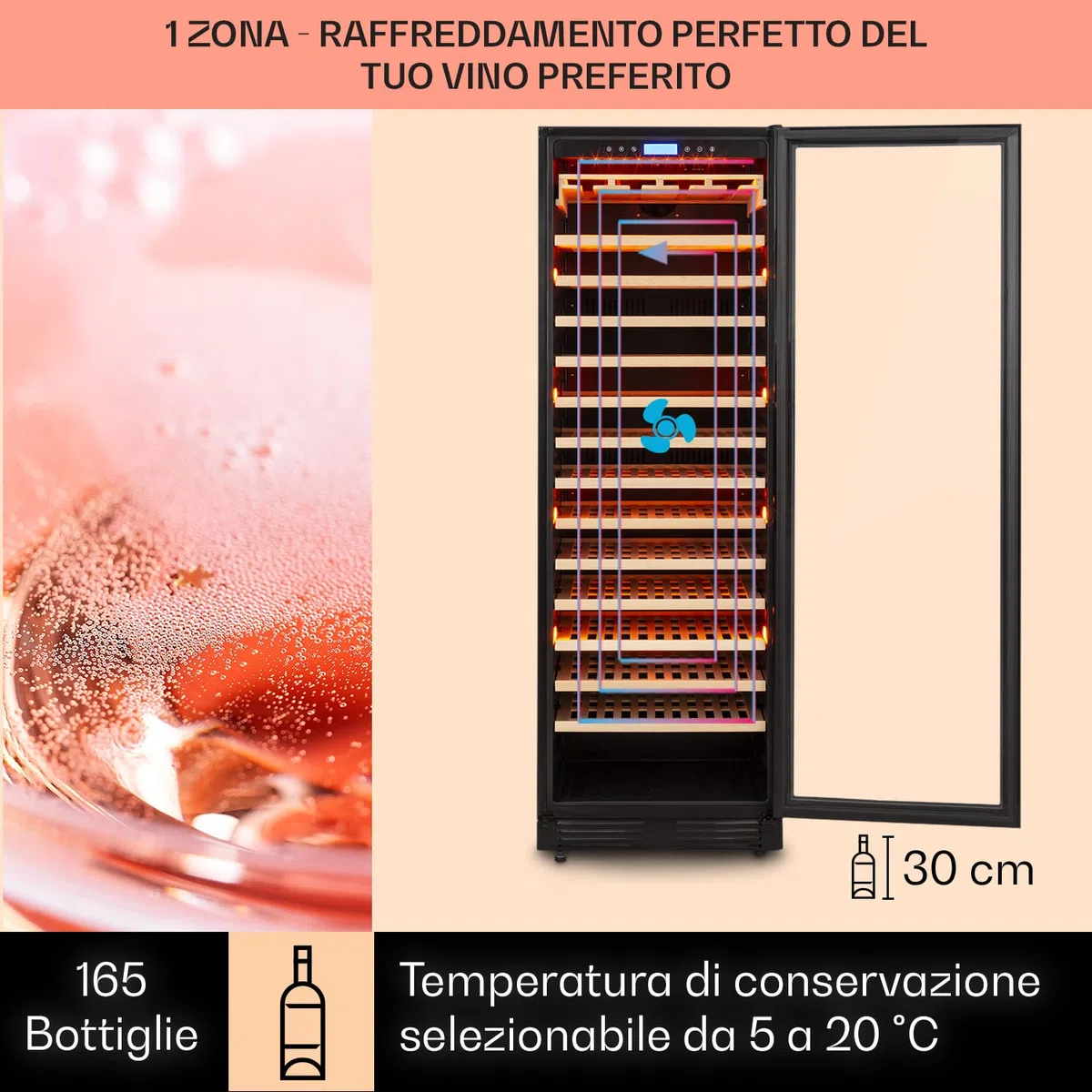 Klarstein Cantinetta Vino Design da Incasso, Cantinetta Vino Refrigerata a Zona Singola per Vino Rosso, Bianco e Birra, Controlli Touch, Frigo Vino Cantinetta per Esterno/Interno, 433L, 165 Bottiglie