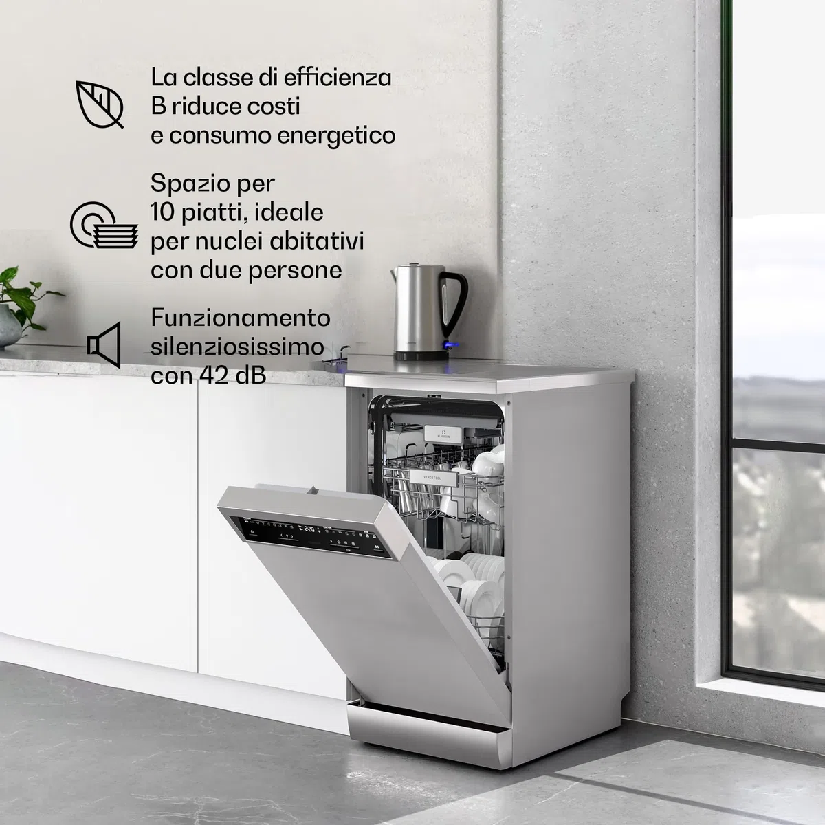 Klarstein Verosteel Lavastoviglie 45cm Libera Installazione - 10 Coperti, 9 Programmi, 42 dB, Classe B, AquaStop, Blocco Bambini, Argento, Display, Lavastoviglie Compatta