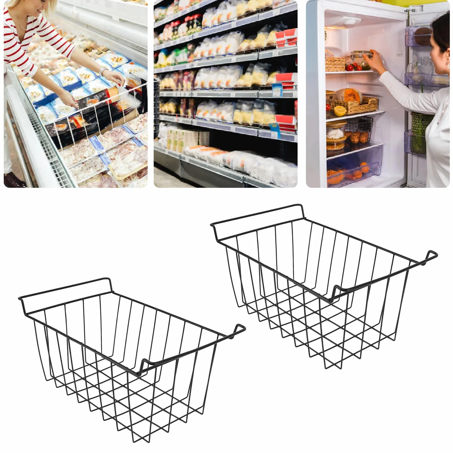 Cestino portaoggetti in filo metallico per congelatore da 2 pezzi, rivestito in PE, contenitore organizer nero per ripiani del frigorifero (-3113230263713)