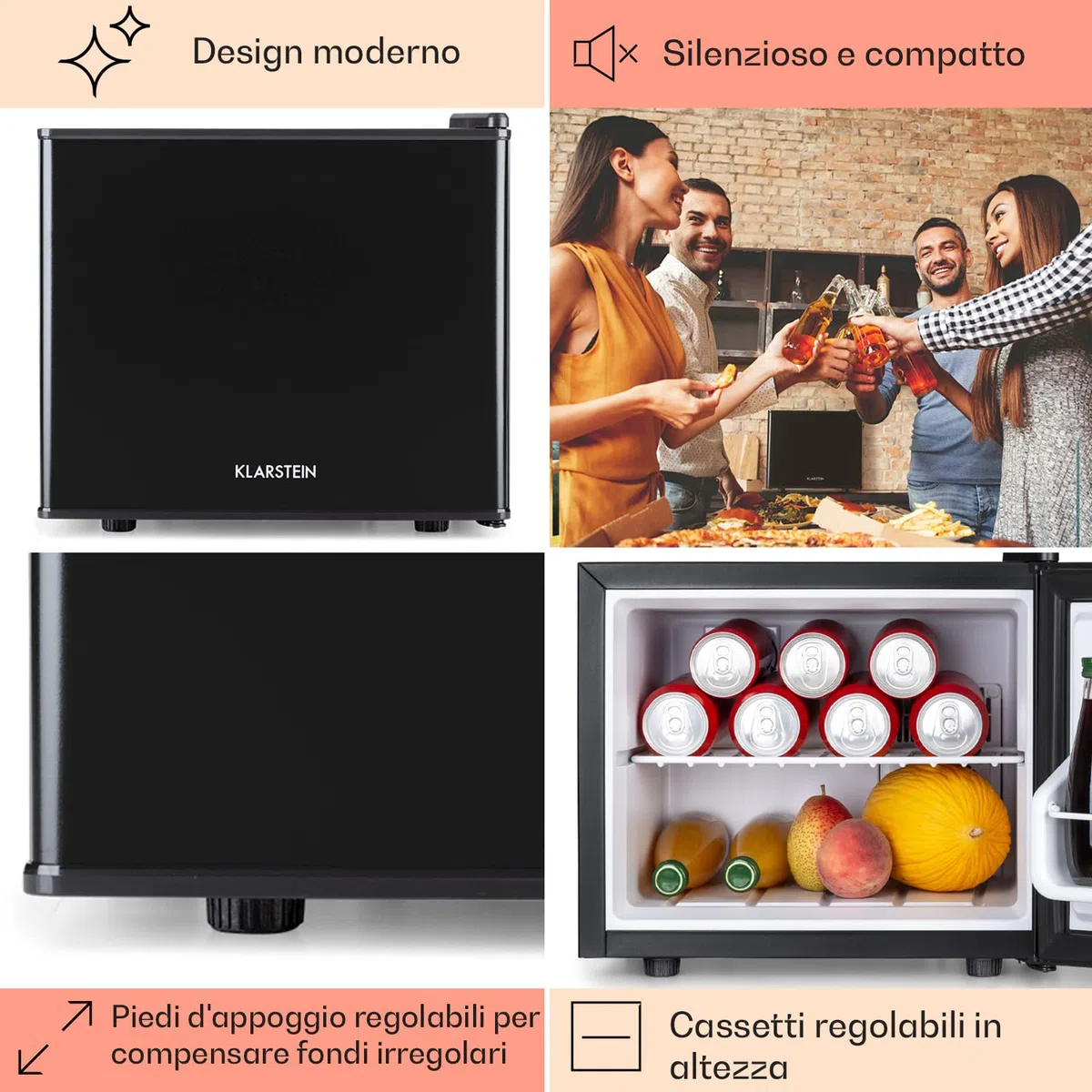 Klarstein Geheimversteck - Minibar, Mini Frigo, Mini Frigorifero per Snack e Bevande, solo 26 dB, Ripiano Estraibile, Regolazione della Temperatura senza Intervalli Predefiniti, 17 L, Nero