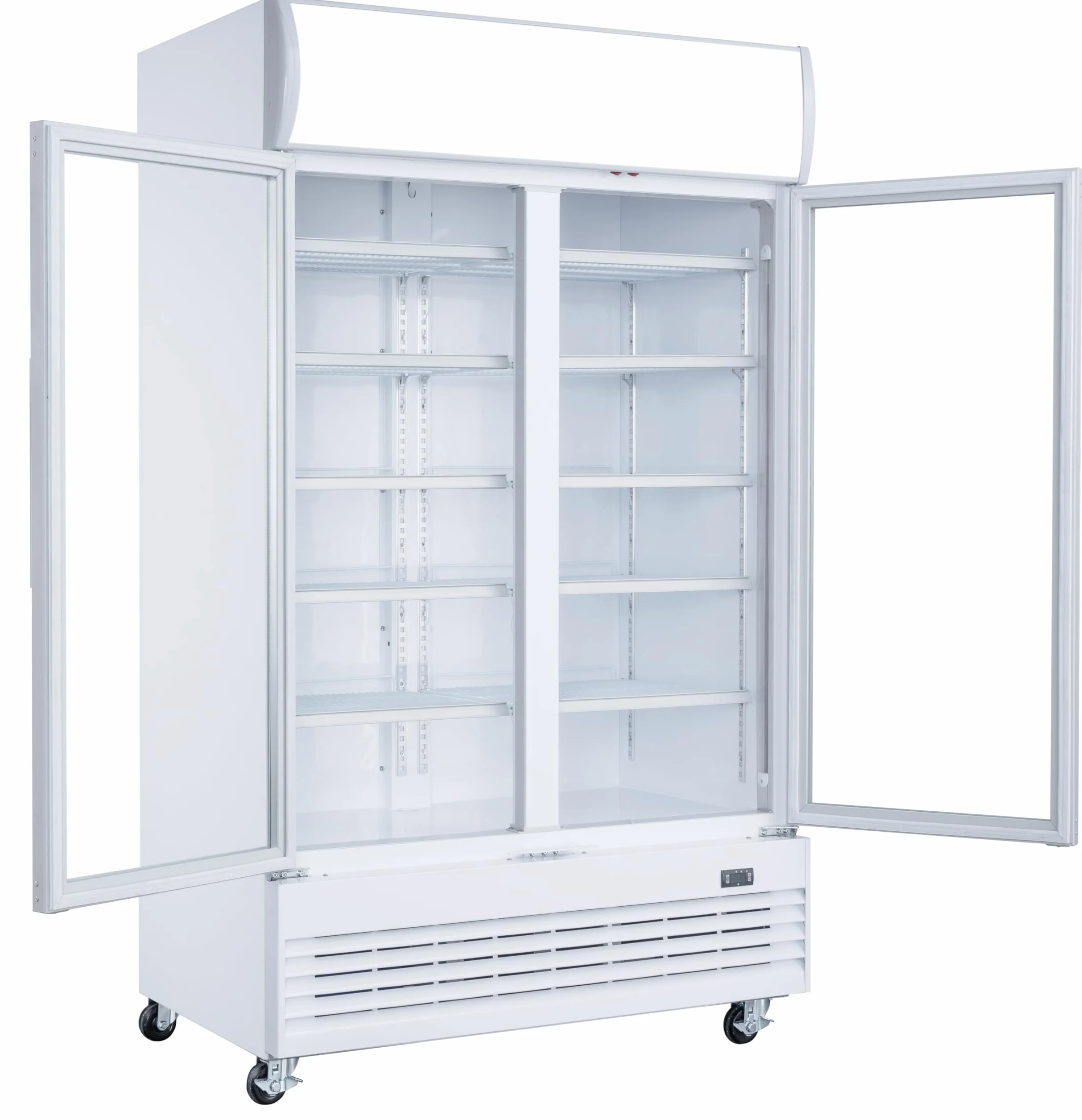 METRO Professional Frigorifero con 2 porte in vetro GSC2100, 930 L, bianco, 3.1 kWh/24 h, 220-240 V, con illuminazione LED e 10 ripiani regolabili, ideale per attività gastronomiche, bar e negozi.