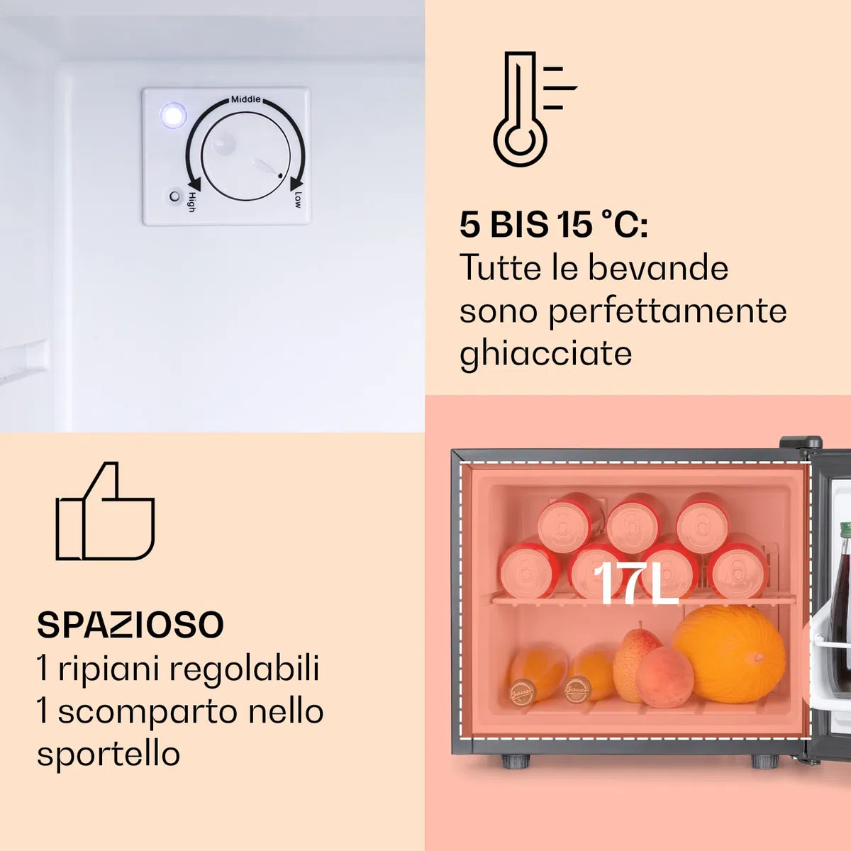 Klarstein Geheimversteck - Minibar, Mini Frigo, Mini Frigorifero per Snack e Bevande, solo 26 dB, Ripiano Estraibile, Regolazione della Temperatura senza Intervalli Predefiniti, 17 L, Nero