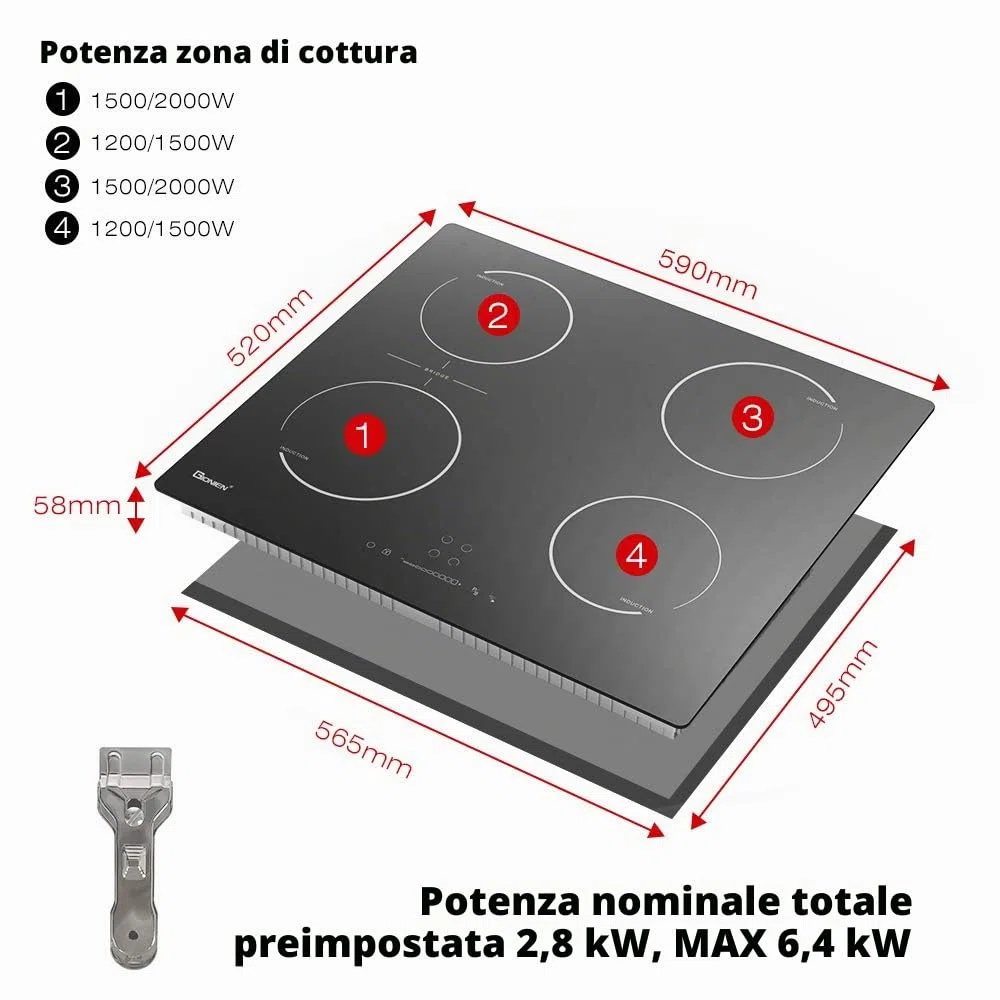 Piano cottura a induzione GITS470SPVDE 60 cm 2800 W 16 Amp 4 fornelli zona ponte