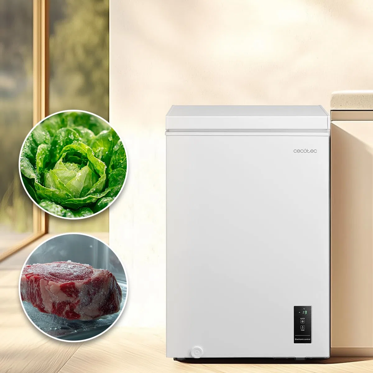 Cecotec Congelatore Orizzontale 99L Bolero CoolMarket Chest 99P White E. Cestello con Maniglie, Controllo Elettronico LED, UltraContact D-Cool, Dual Function, Porta ZeroG (80º-30º), Fast Freezing