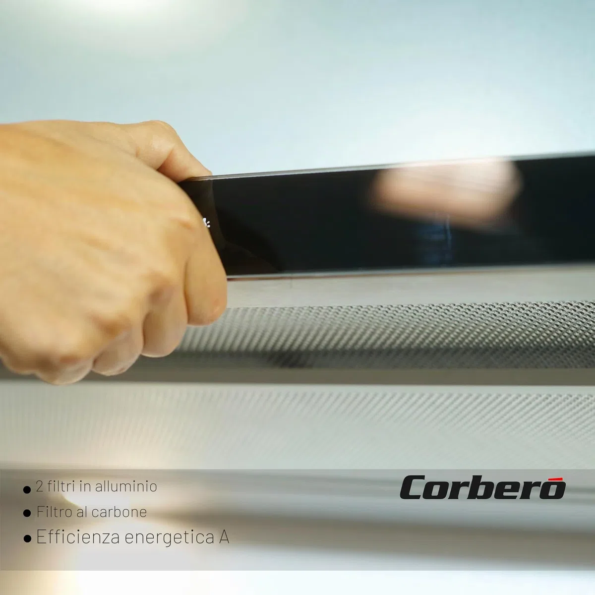 Corberó ANETO960X Cappa Telescopica Inox&Nero, 90 cm, Portata 600 m3/h, Potenza 165 W, 3 velocità, Filtro alluminio 3 strati, Filtro Carbon, Efficienza Energetica A