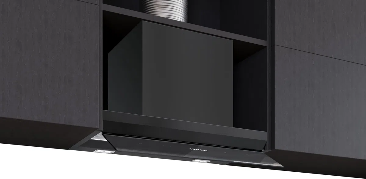 iQ500, cappa di design integrato, 60 cm, vetro trasparente nero stampato, nero opaco, LJ67BDP60