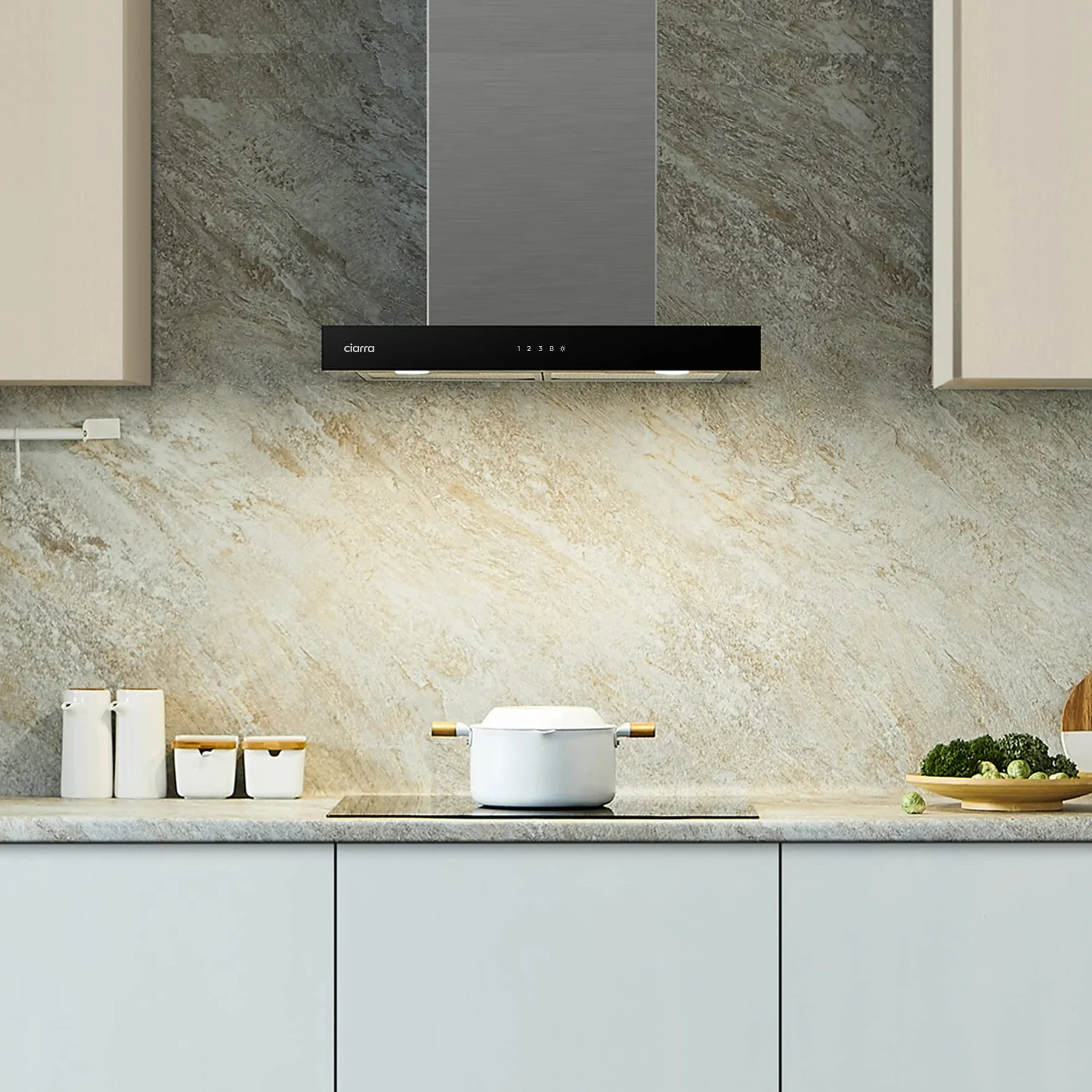 CIARRA CBCS6102 Classe A+++ Cappa Aspirante 60 cm 650 m³/h Touch Control 4 Livelli Inclusa Booster Scarico Ricircolo Aria Montaggio a Parete Acciaio Inox con Filtri Carbone CBCF003