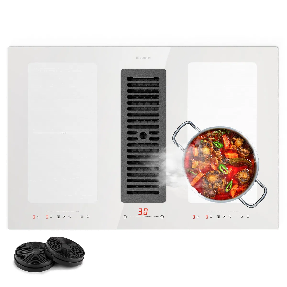 Klarstein - Piano cottura con cappa integrata, piano cottura 2 in 1 con cappa integrata per cucina a isola, flusso d'aria di 391 m³/ora, Touch Control, classe energetica A+