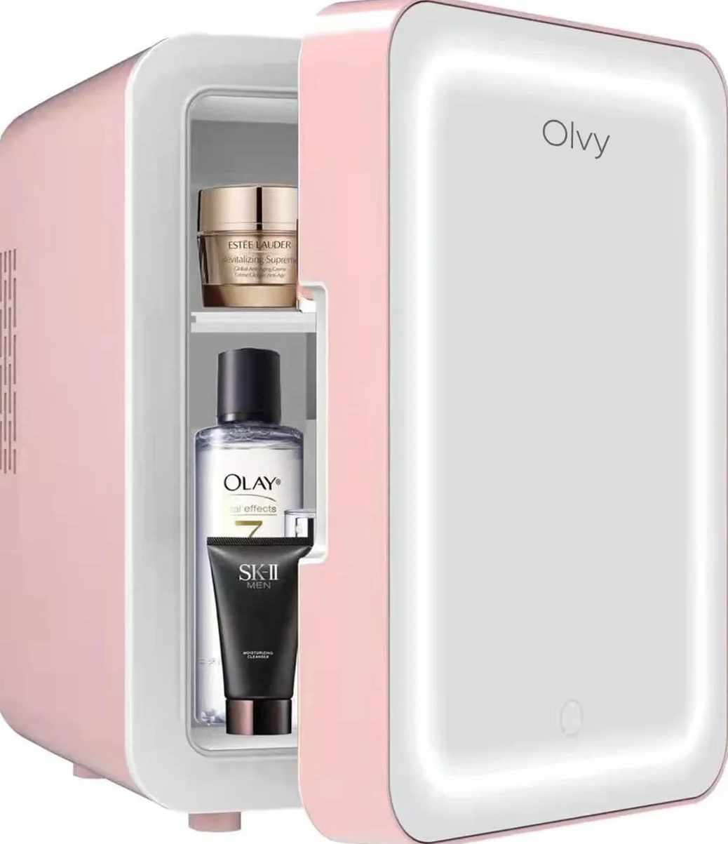 Olvy Frigorifero Cosmetico 4 Litri, Mini Frigo Portatile con Specchio LED, Piccolo Frigo per Cura della Pelle, Raffreddamento e Riscaldamento per Camera, Rosa