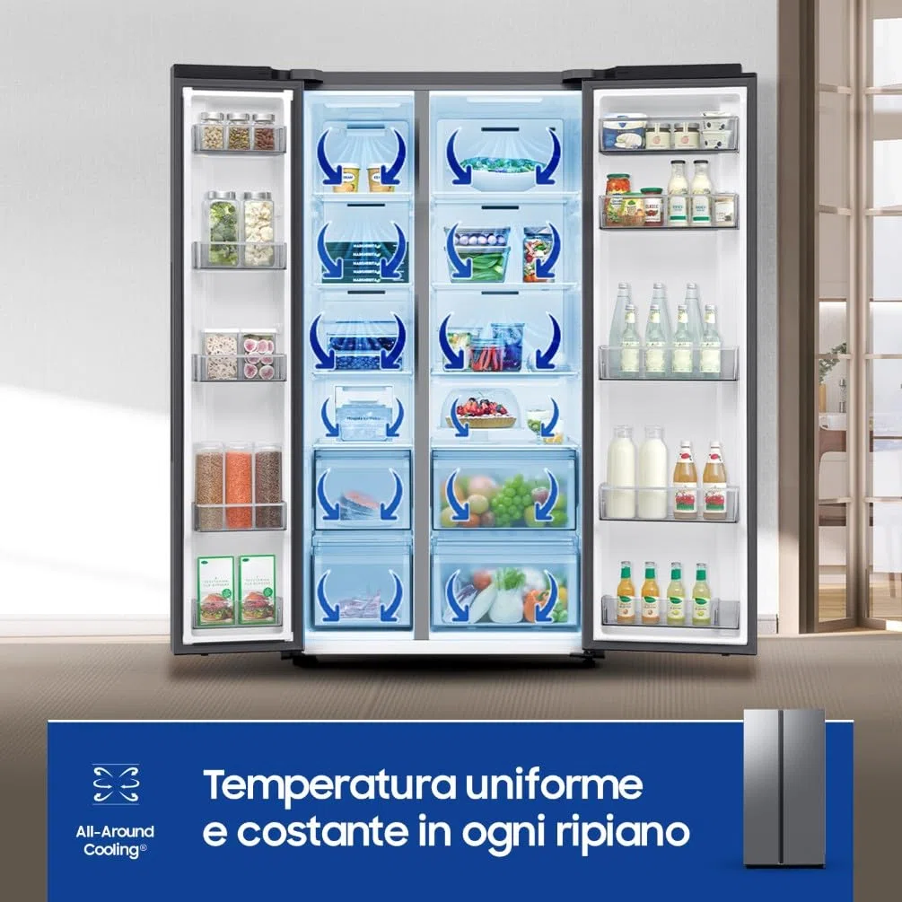 Samsung Frigorifero Side by Side AI RS70F65QET/EF, All-Around Cooling, Wifi con AI Energy Mode, Total No Frost, SpaceMax, 655 L, LxAxP: 91,2 x 178,4 x 72,6 cm, Metal Inox
