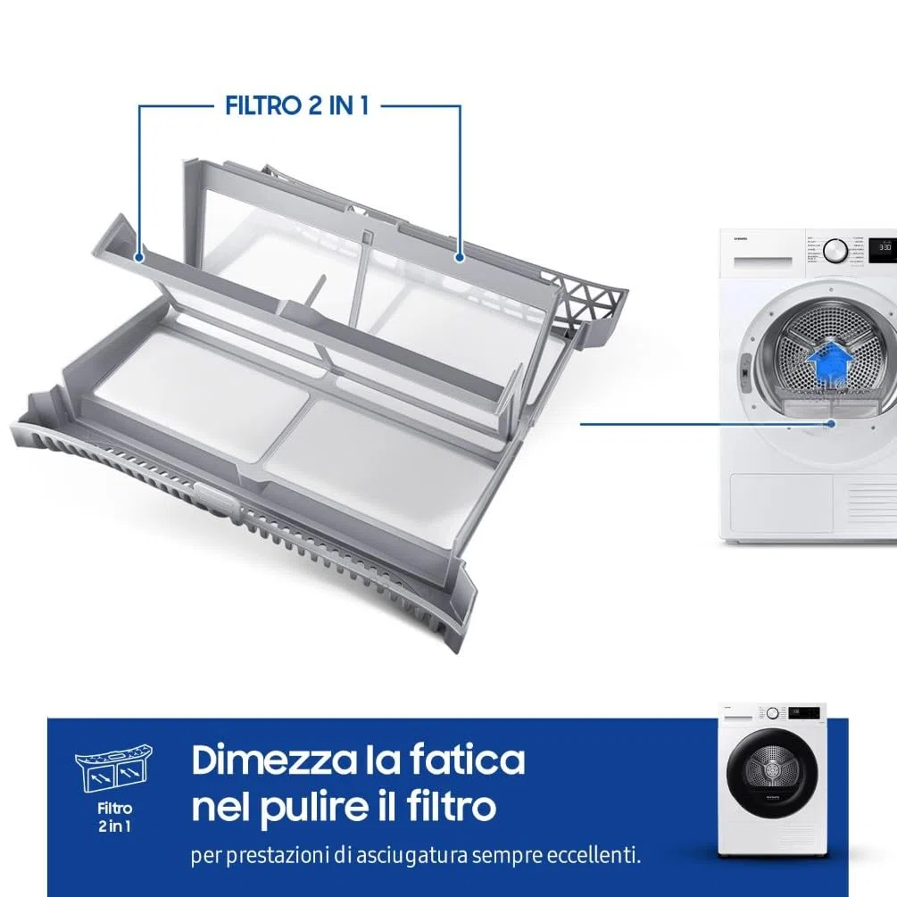 Samsung Asciugatrice Crystal EcoDry DV90CGC0A0AE/ET 9 Kg, Pompa di Calore, Wifi, Sensore Optimal Dry, Filtro 2 in 1, Carica Frontale, 60L x 80H x 65P cm
