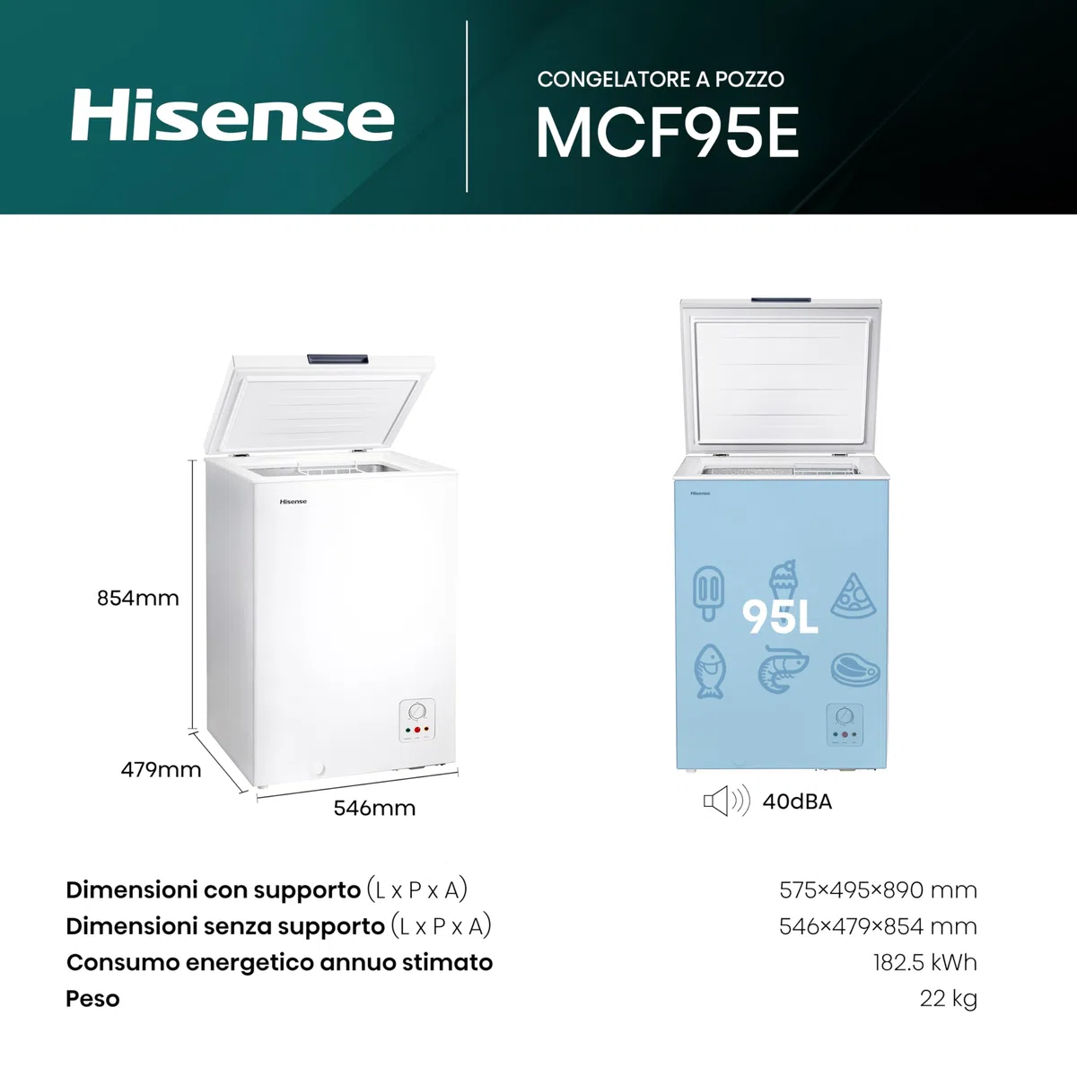 Hisense MCF95E Congelatore a Pozzo 95 L Silenzioso 40 dB Bianco 54.6x47.9x85.4 cm