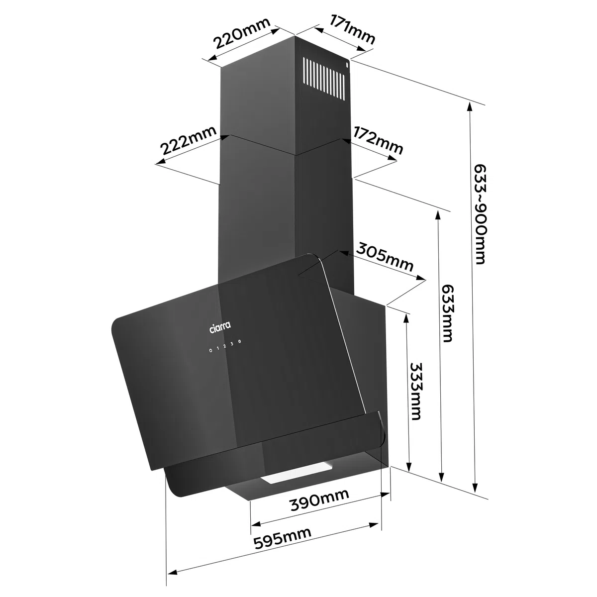 Ciarra CBCB6765C Cappa Aspirante 60cm - Classe A+ - 580m³/h - 3 Velocità - Filtri a Carbone CBCF055 Inclusi - Cappa Inclinata Scarico o Ricircolo - Nera