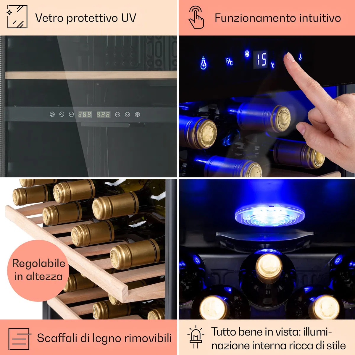 KLARSTEIN Cantinetta Vino, Frigo Bar con Vetrina, Mini Bar, Cantina Vino Refrigerata a Zona Singola per Interno/Esterni, 48 Bottiglie, 128L, Nero - Agrento
