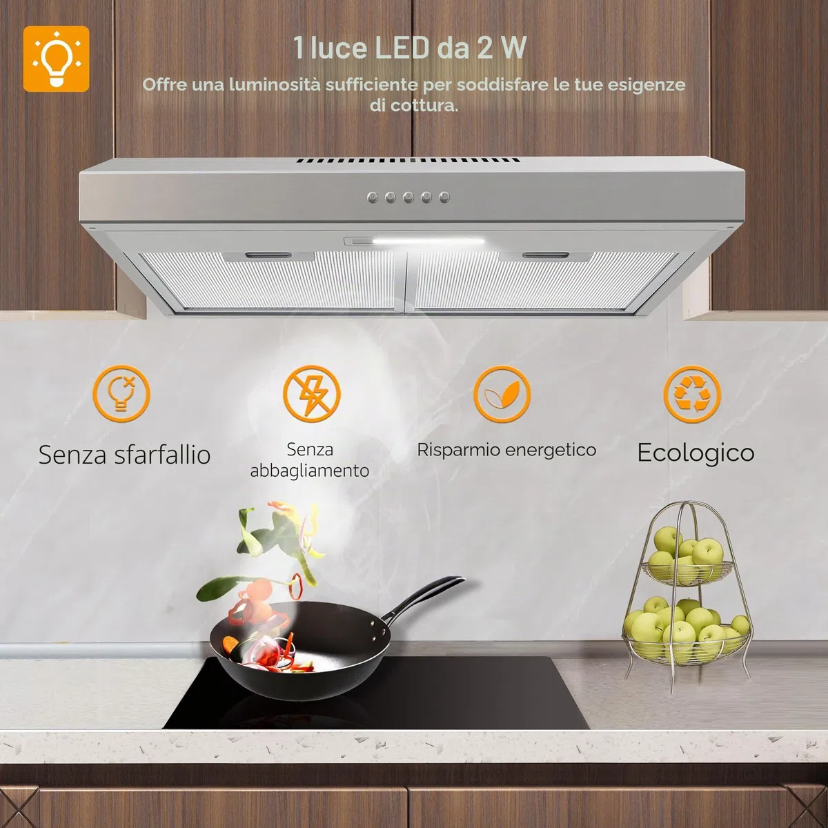 FIREGAS Cappa Aspirante 60 cm, Cappe a muro, Sottopensile Cappa da Cucina, 3 Velocità, Luci LED, Modalità di Scarico e Ricircolo, Argento