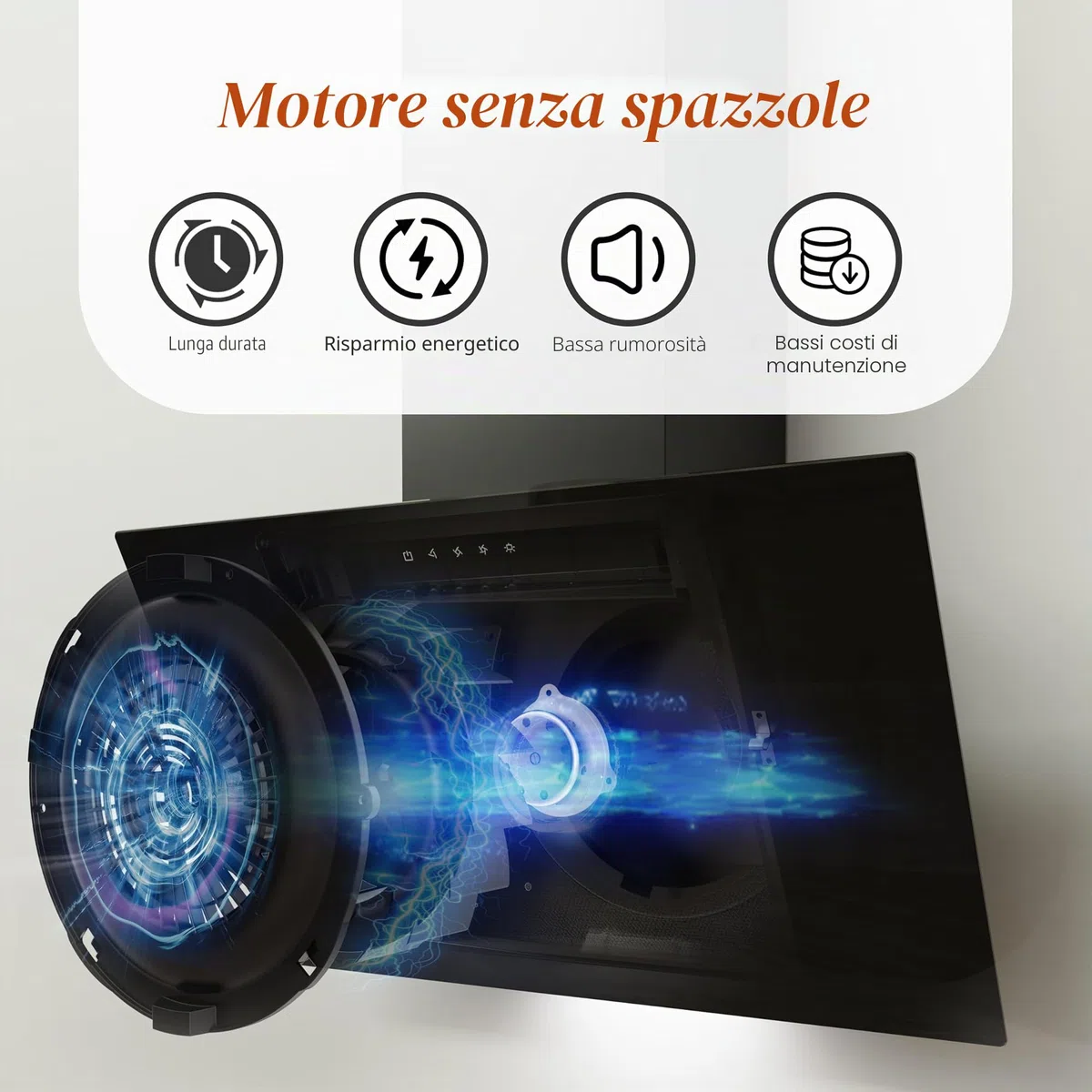 FIREGAS Cappa Aspirante 60cm Classe A Inclinata da Cucina - Cappa a Parete con Motore Senza Spazzole, 3 Livelli di Aspirazione, Filtro a Carboni Attivi, Sistema di Evacuazione e Riciclaggio, Nero