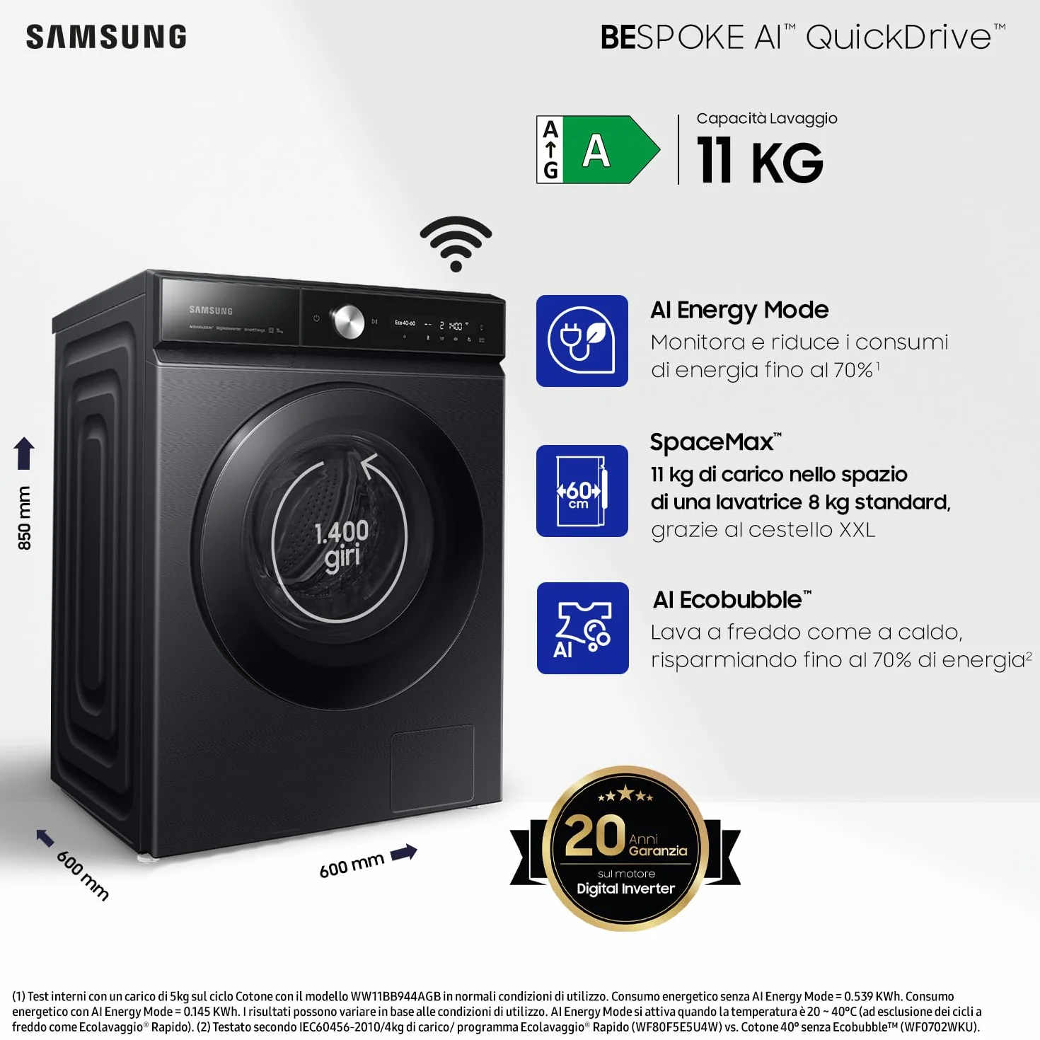 Samsung Lavatrice Bespoke AI Quickdrive WW11DB8B95GB/U3, 11 Kg, 1400 RPM, Wi-Fi, AI Control, Vapore, Carica Frontale, 60l x 85h x 60p cm (Ricondizionato)