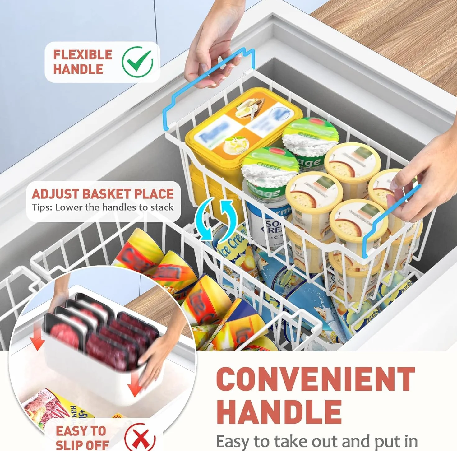 WELDUN Cestini per congelatore con manico pieghevole, confezione da 6 organizer impilabili per cassettiera piccola da 198 l, contenitori in metallo con spazio utilizzato, bianco