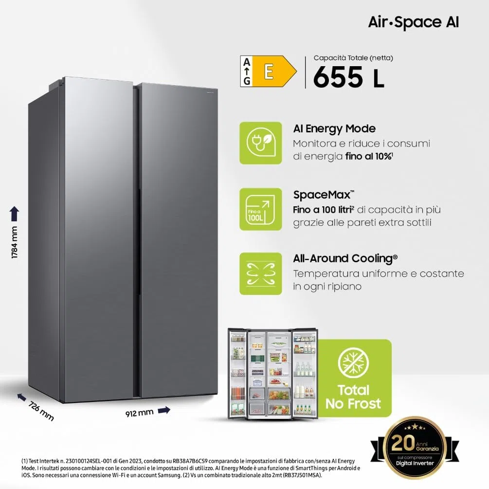 Samsung Frigorifero Side by Side AI RS70F65QET/EF, All-Around Cooling, Wifi con AI Energy Mode, Total No Frost, SpaceMax, 655 L, LxAxP: 91,2 x 178,4 x 72,6 cm, Metal Inox