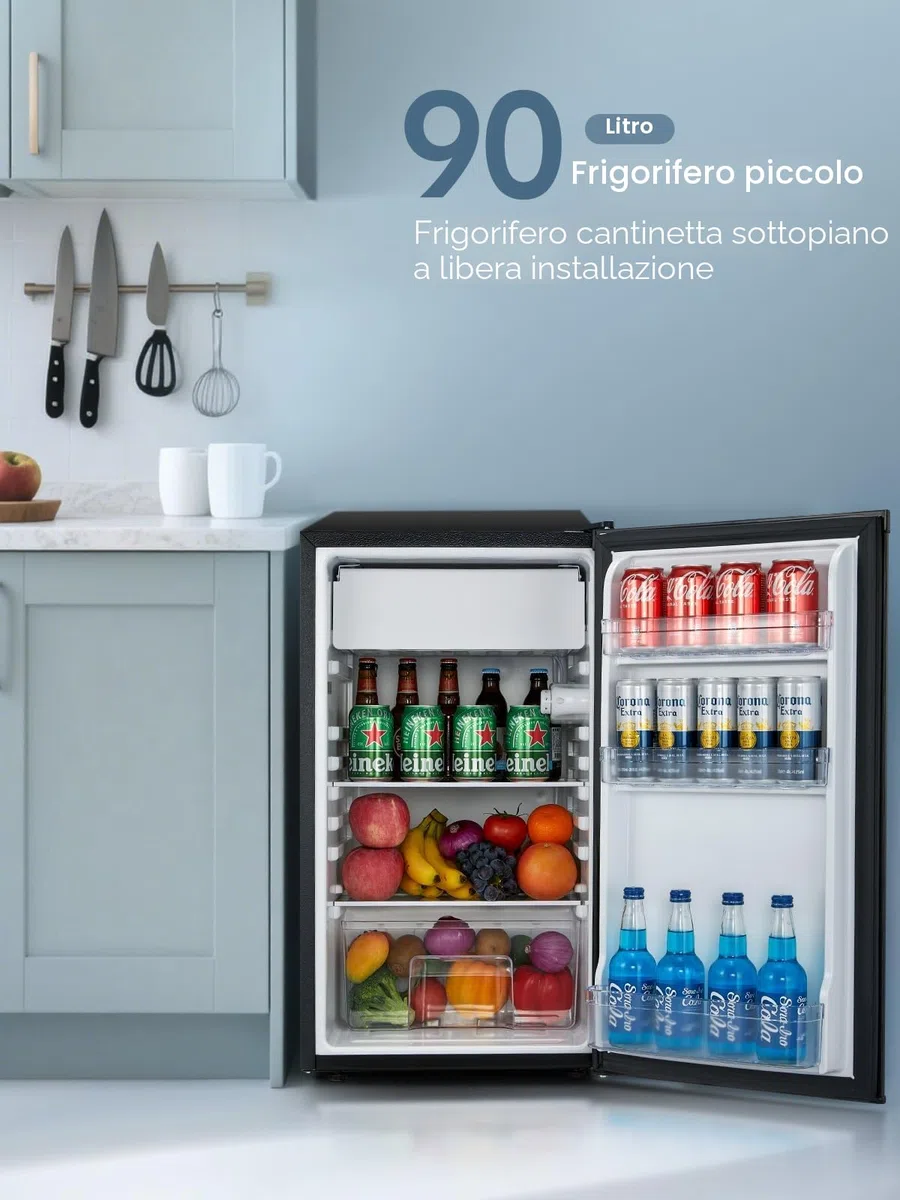 FOHERE Frigorifero Piccolo 91L con Freezer, Frigorifero Monoporta, Silenzioso, 7 Termostato Regolabile, Scomparto per Verdure, Mini Frigo da Ufficio, Camera, Nero