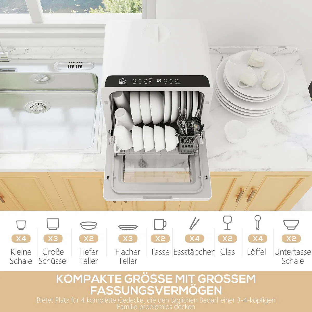 HOMCOM Mini lavastoviglie autoportante, con 4 controsoffitti, 5 programmi, funzione asciutta, serbatoio dell'acqua da 6 l, display a LED, lavastoviglie con/senza attacco per acqua per campeggio