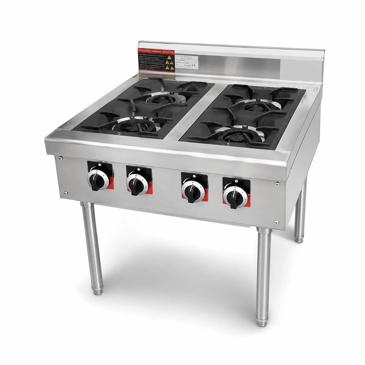 GreoShop Fornello Professionale a Gas 4 Fuochi in Acciaio Inox con Supporto regolabile in Altezza–Cucina Industriale per Ristoranti, Pizzerie e Catering, Bruciatori, Struttura Professionale