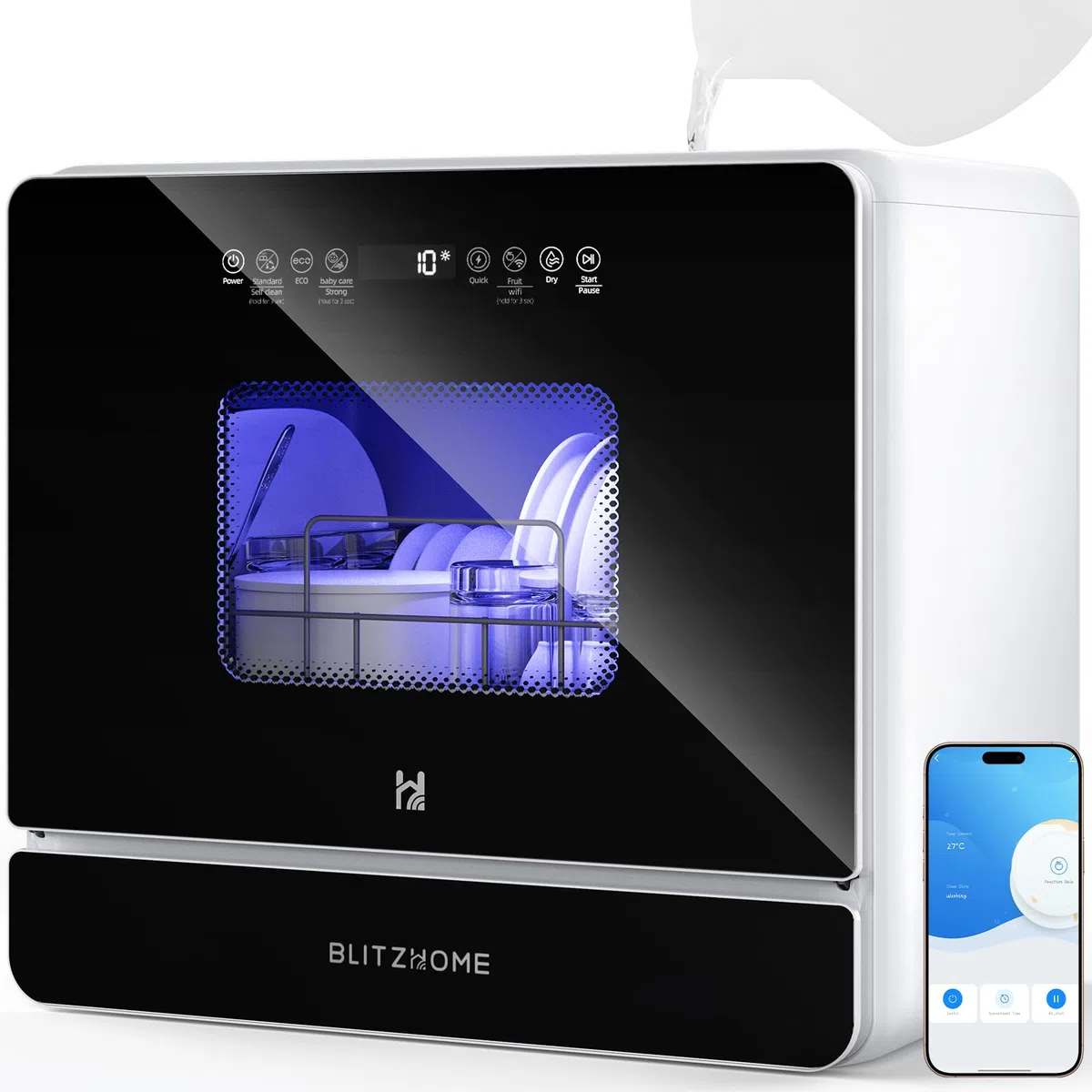 Mini lavastoviglie, BLITZHOME lavastoviglie piccola portatile controllo smart app, 9 programmi, serbatoio dell'acqua da 5,2 l, utilizzabile con/senza allacciamento idrico, asciugatura, avvio ritardato