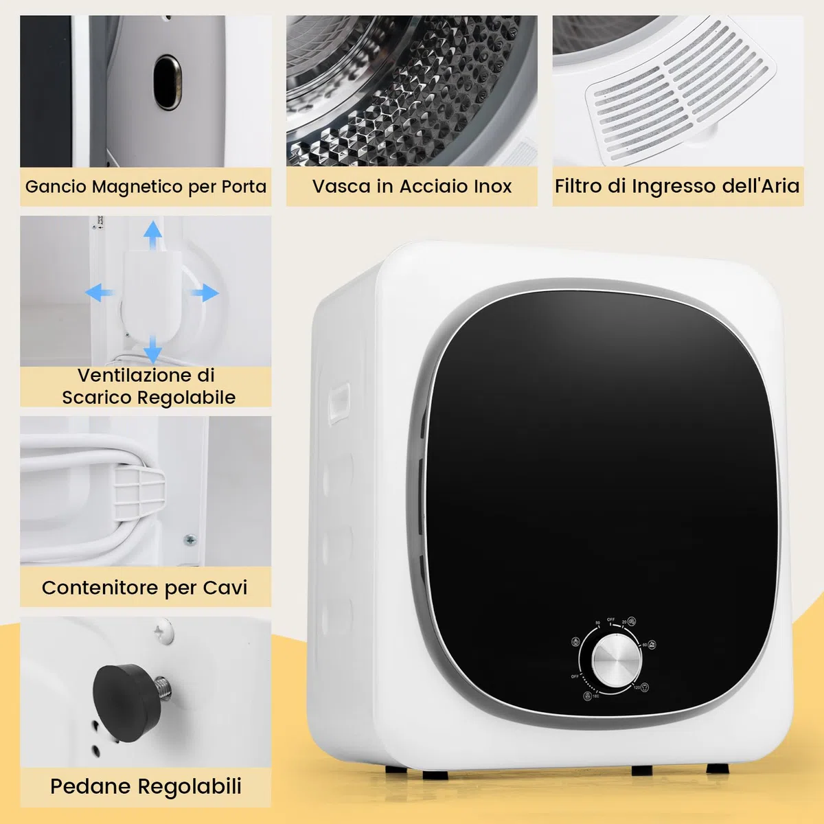 GYMAX Asciugatrice Compatta per Bucato, Asciugatrice Elettrica da 800 W con Schermo Tattile LED, Asciugatrice in Acciaio Inox da 5 kg, Macchina Asciugatrice Elettrica per Casa(Meccanico)