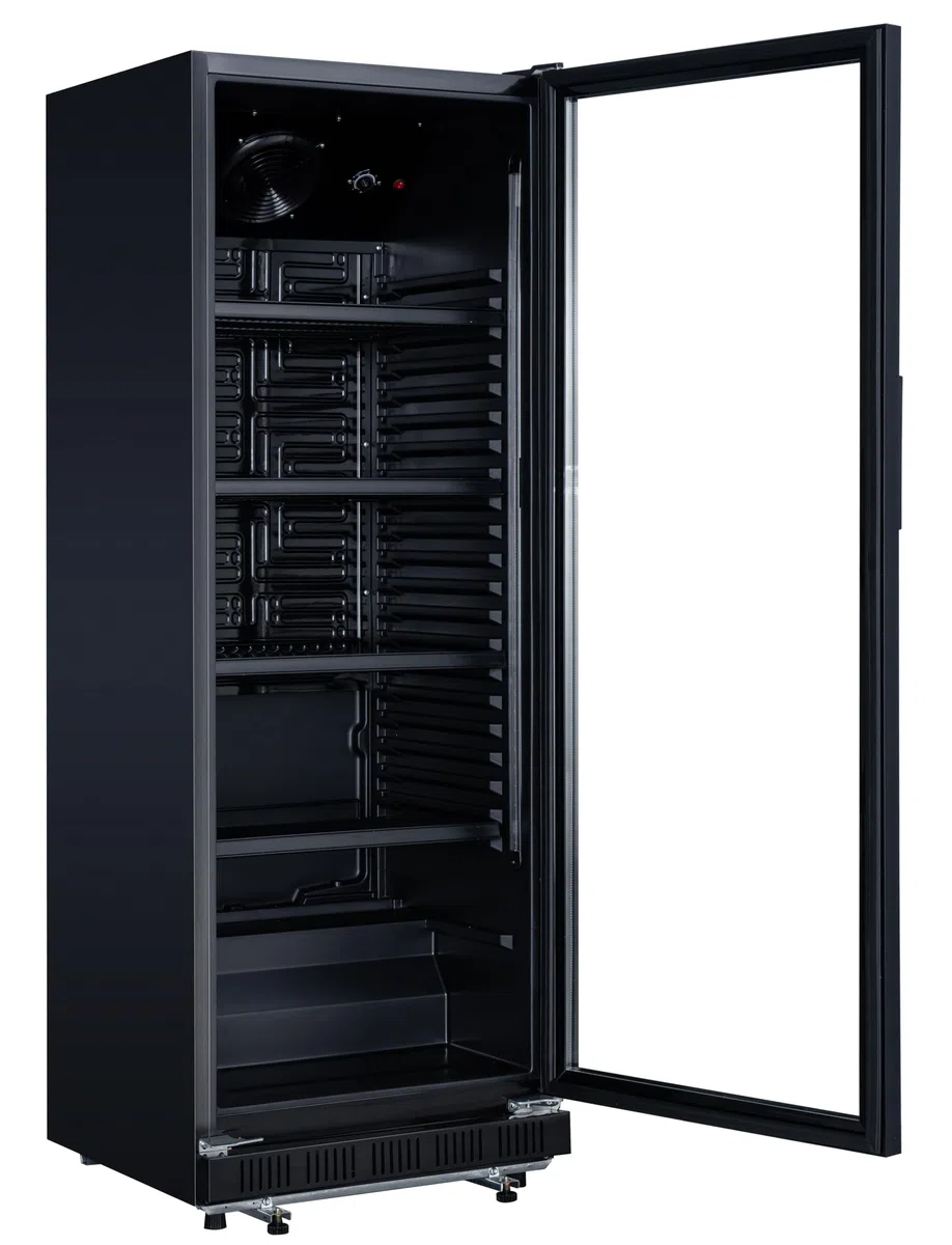 METRO Professional Frigorifero per bevande in acciaio/alluminio, porta in vetro con serratura e chiave, 4 ripiani regolabili, 180 W, illuminazione a LED (Nero, 347 L)