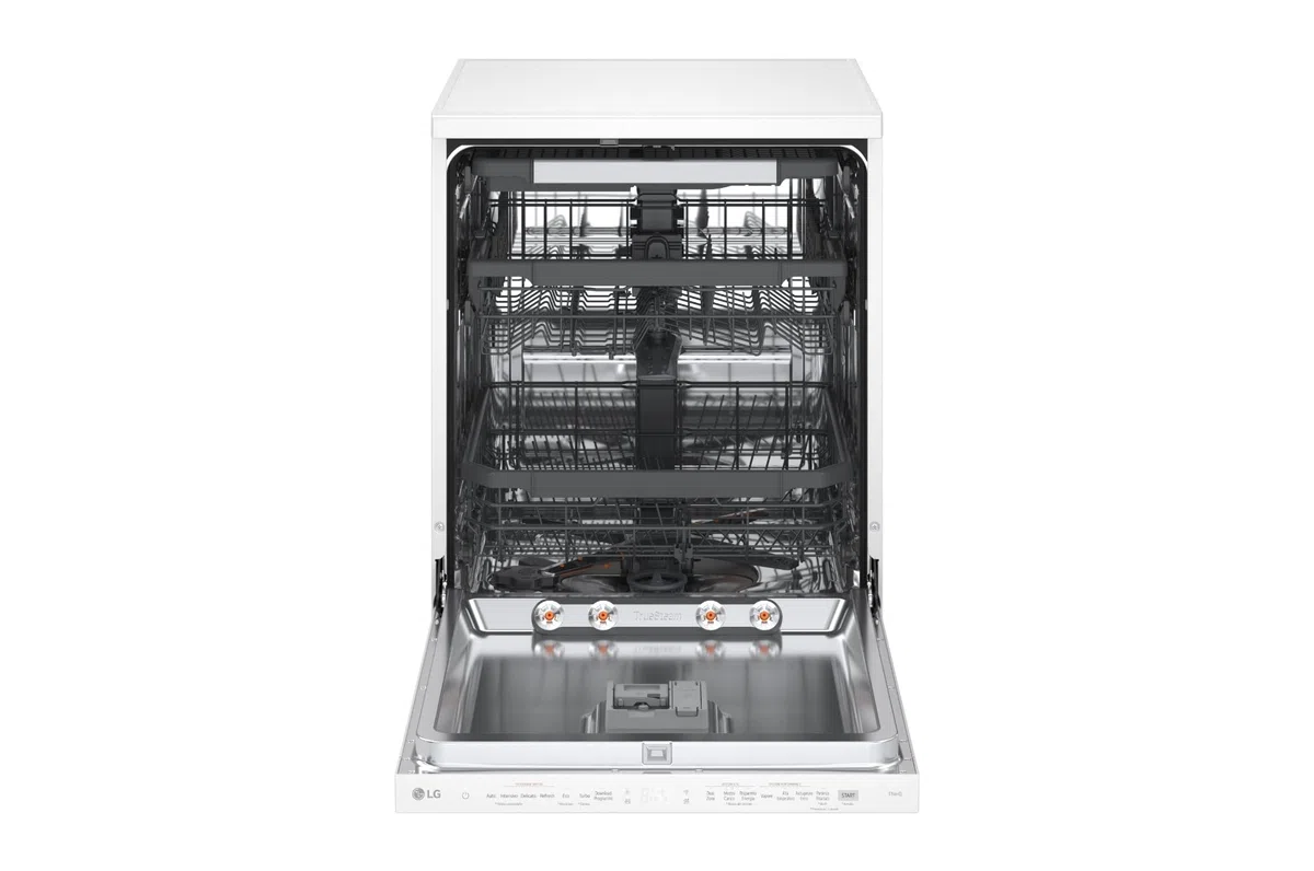 LG DF375HWS Lavastoviglie Libera Installazione Classe A, 14 Coperti, Lavaggio a Vapore TrueSteam, LED Esterno, Sistema QuadWash con 4 Bracci Irroratori, Serie 5, Auto-Apertura, 43dB, Wi-Fi, Bianco