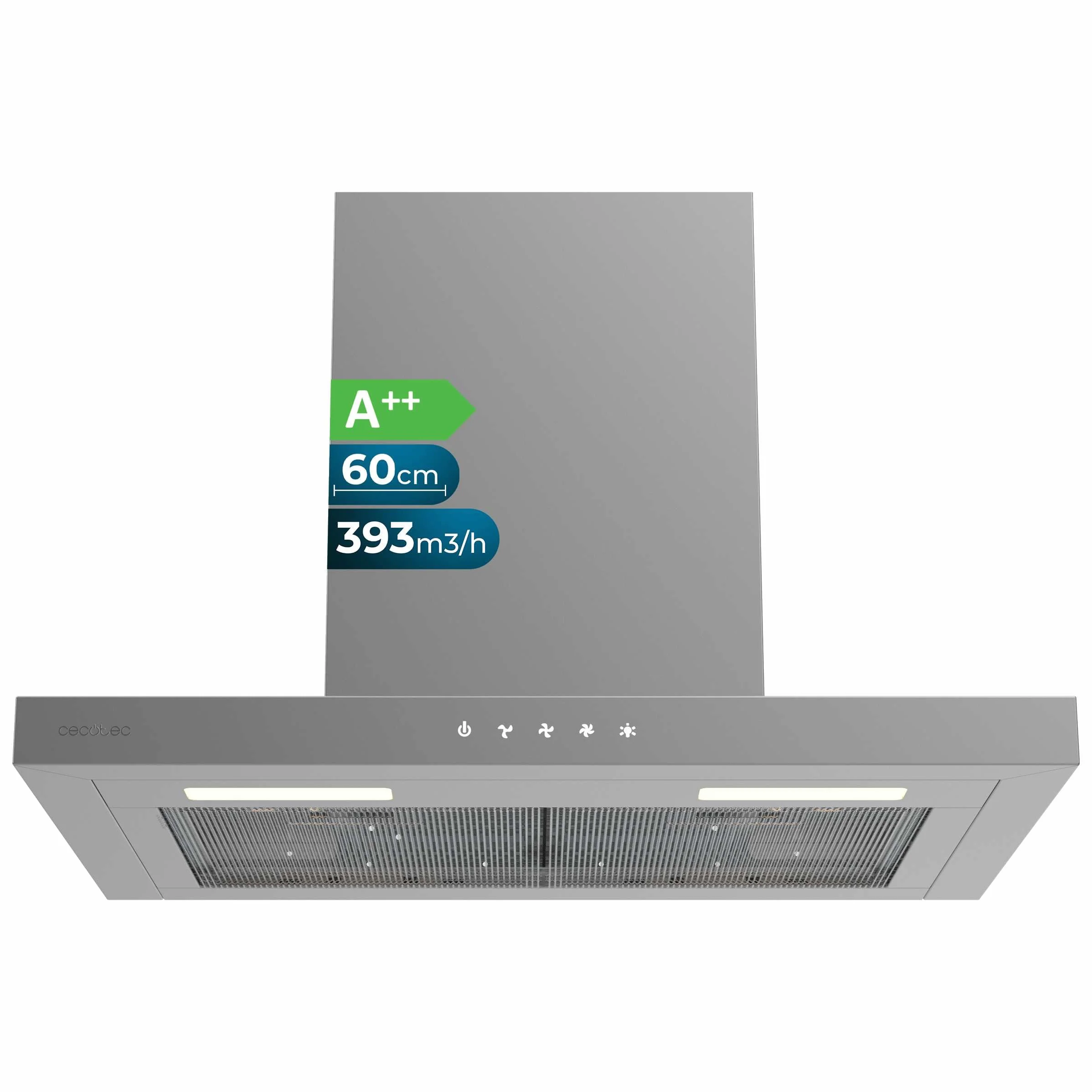 Cecotec Cappa aspirante 60 cm Tipo T Bolero Flux TT 604000 Inox A++. Aspirazione 393m3/h, motore DC, 3 velocità, SS Touch Control, finitura inossidabile, luce LED, filtri in alluminio e carbonio