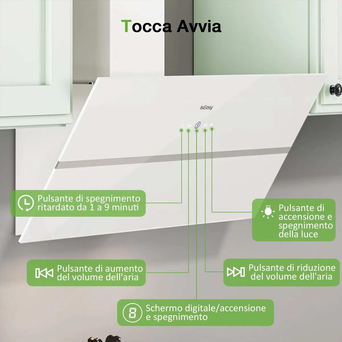 IsEasy Cappa Cucina, Cappa Aspirante 90 cm, 571 m³/h Forte Aspirazione, 4 Livelli di Regolazione, Ritenitore di Pannello, 1-9 Min Spegnimento Ritardato, Funzione di Memoria, 61 dB, Bianco, A++