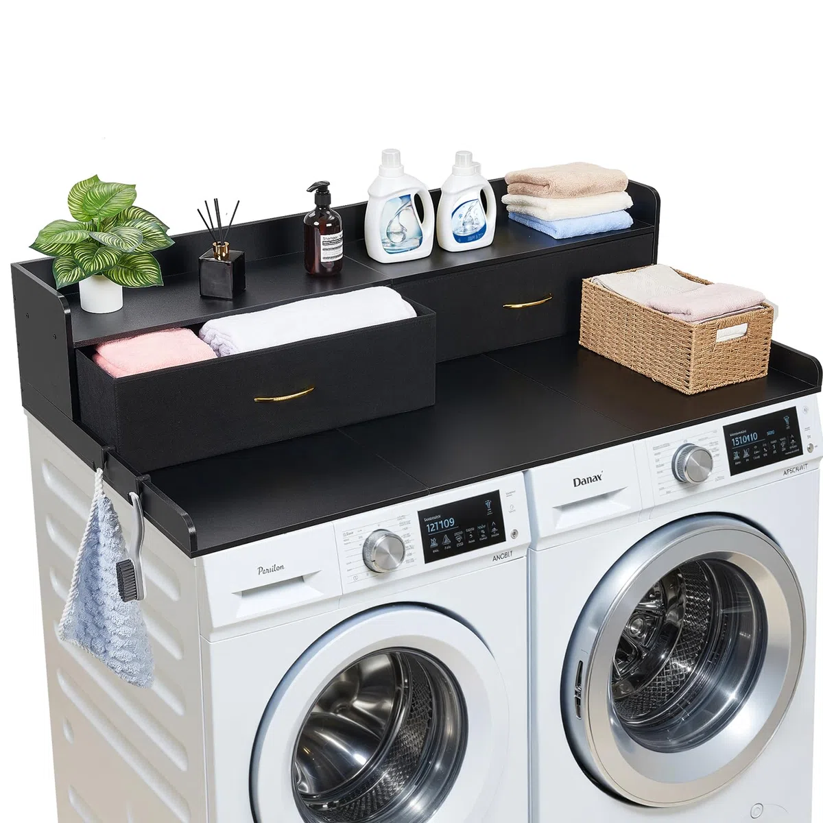 VEVOR Piano di Lavoro per Lavatrice e Asciugatrice con Ripiano 137 x 69,9 cm, Piano d'Appoggio per Lavatrice con 2 Cassetti Integrati e Ganci, Struttura in Legno con Ampia Superficie di Lavoro, Nero