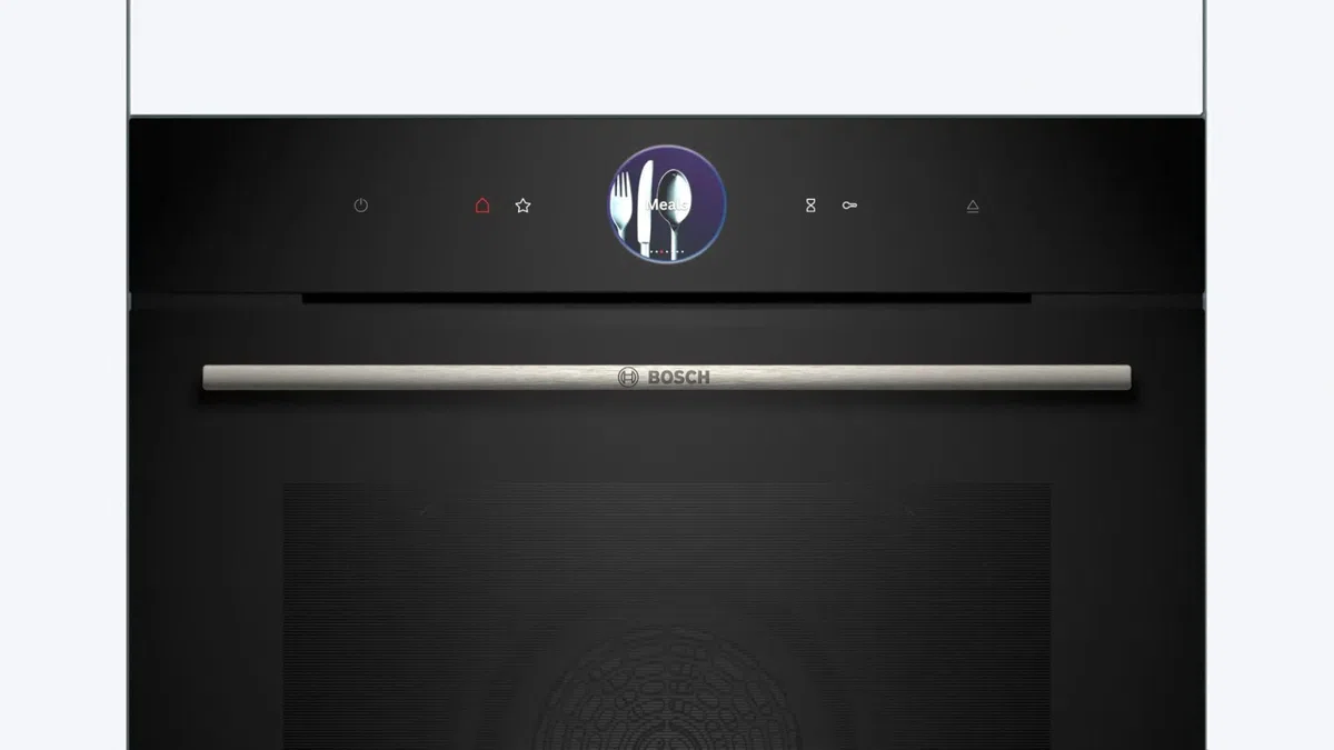Bosch HRG7764B1, Smarter iQ700 - Forno da incasso con funzione vapore, 60 x 60 cm, prodotto in Germania, pirolisi e idrolisi, termometro per arrosti, Air Fry, schermo a colori touch screen 4D, aria