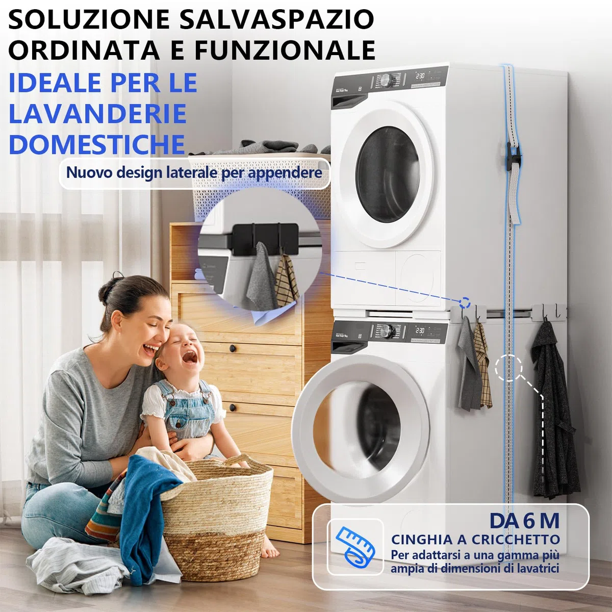 Slimline - Kit impilabile per lavatrice e asciugatrice, telaio universale per elettrodomestici da 45-68 cm, design salvaspazio con cinghia a cricchetto e 4 ganci multifunzione (bianco)