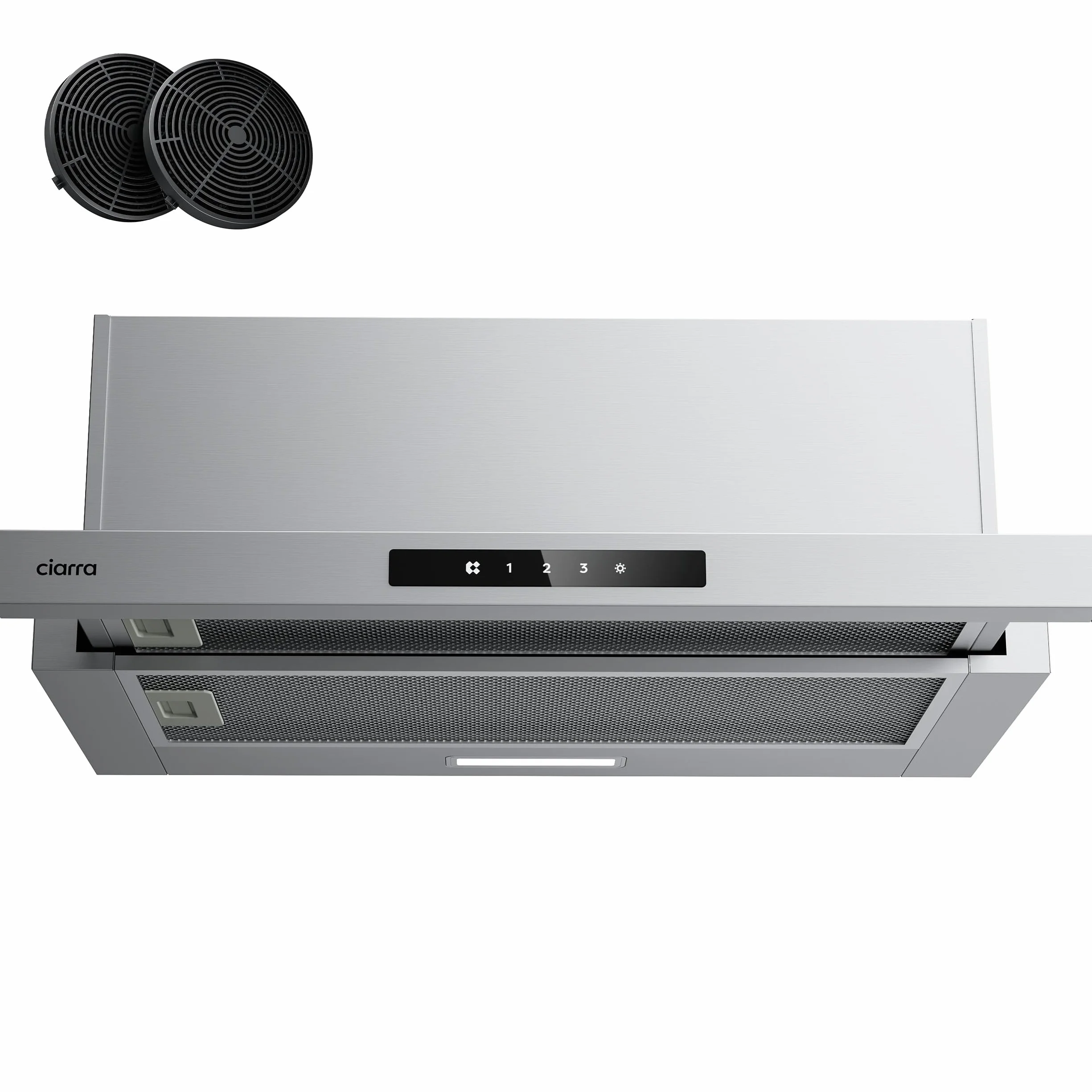 CIARRA CBCS6909A Cappa Aspirante Integrata 60 cm Telescopica 600m³/h- 3 Livelli di Potenza-Ricircolo con Filtro Carbone CBCF055-Classe A+, Cappa Aspirante in Argento