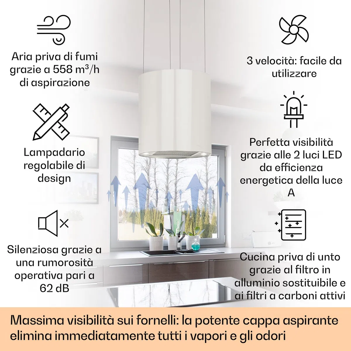 Klarstein Cappa Sospesa Isola Cucina LED 558m³/h Filtri Antigrasso Carboni Attivi