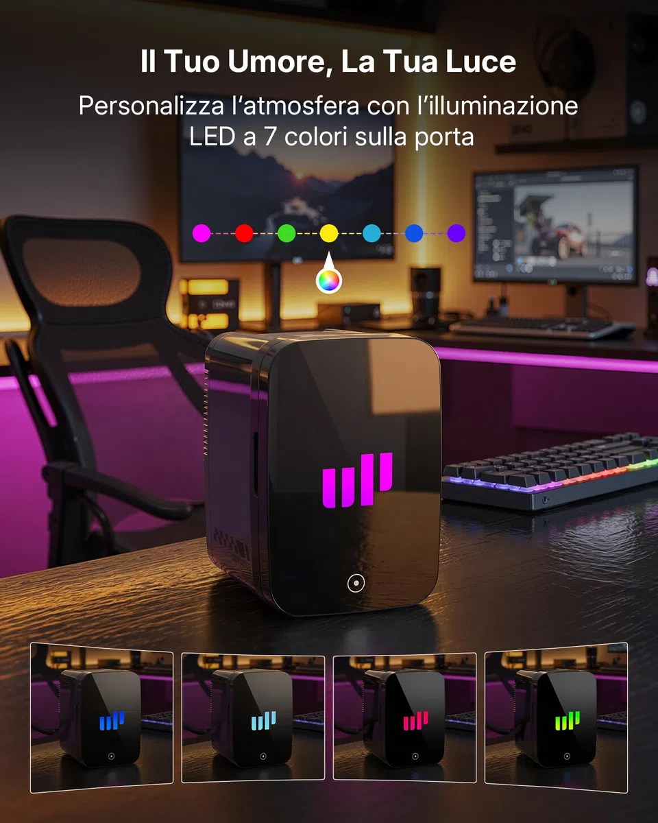 Upstreman Mini Frigo da Camera, 4 Litri/6 Lattine, 7 Colori Luminosi LED, Mini Frigo Termoelettrico, 12V/220V, Mini Frigoriferi per Dormitorio, Ufficio, Sala Giochi, Auto, TR4-Up