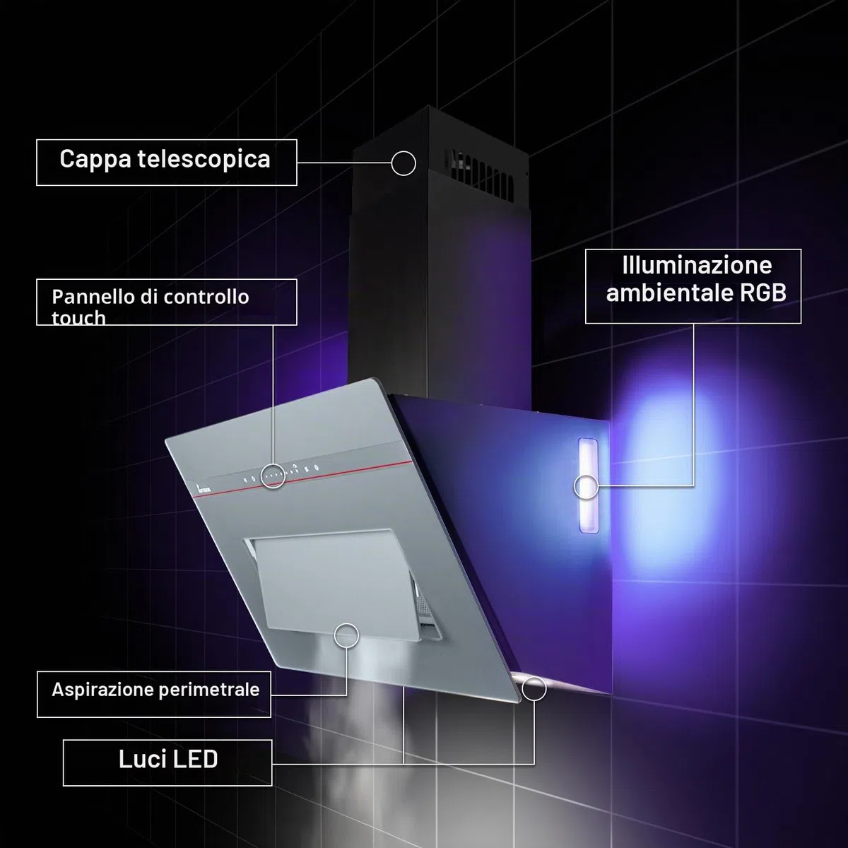 KKT KOLBE A+++ cappa aspirante 80 cm 782 cbm/h ricircolo aria di scarico senza testa | vetro grigio opaco | ricarica automatica | Smart WiFi App Wi-Fi | SensorTouch | Illuminazione LED RGBW |