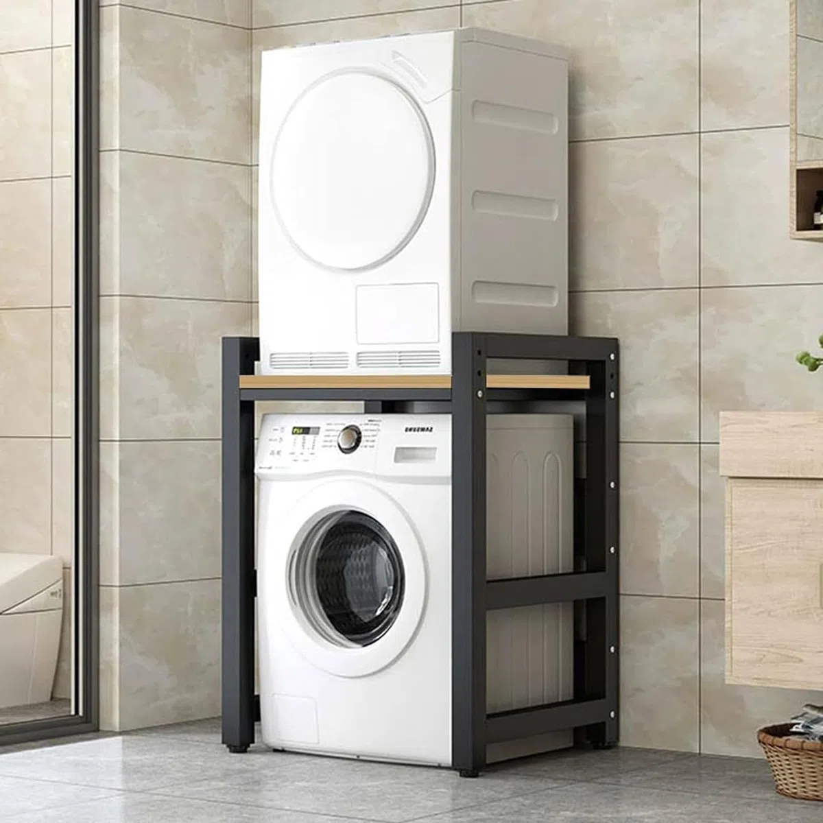 Supporto Asciugatrice Sopra Lavatrice Regolabile in Altezza per | Asciugatrice Regolabile Asciugatrice a Colonna Bagno Cucina Balcone Noce, Cornice Nera