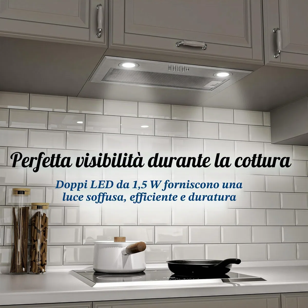 FIREGAS Cappa Aspirante a Incasso 52cm, Aspiratore Silenzioso con Motore ad Alta Efficienza, Classe Energetica A, 590m³/h, 3 Velocità, Illuminazione LED, Filtro a Carboni Attivi