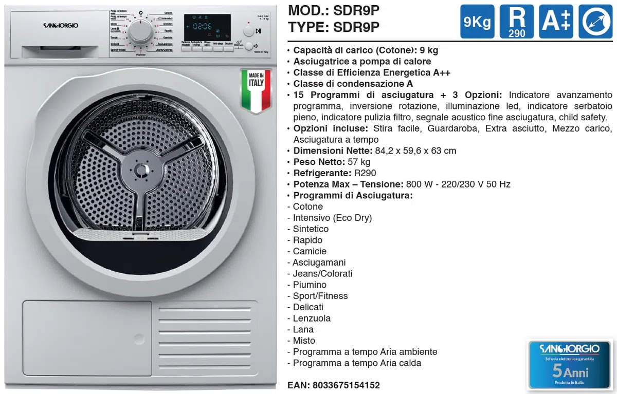 SANGIORGIO SDR9P - Asciugatrice con Pompa di Calore, 9 kg, Caricamento Frontale, Classe energetica A++