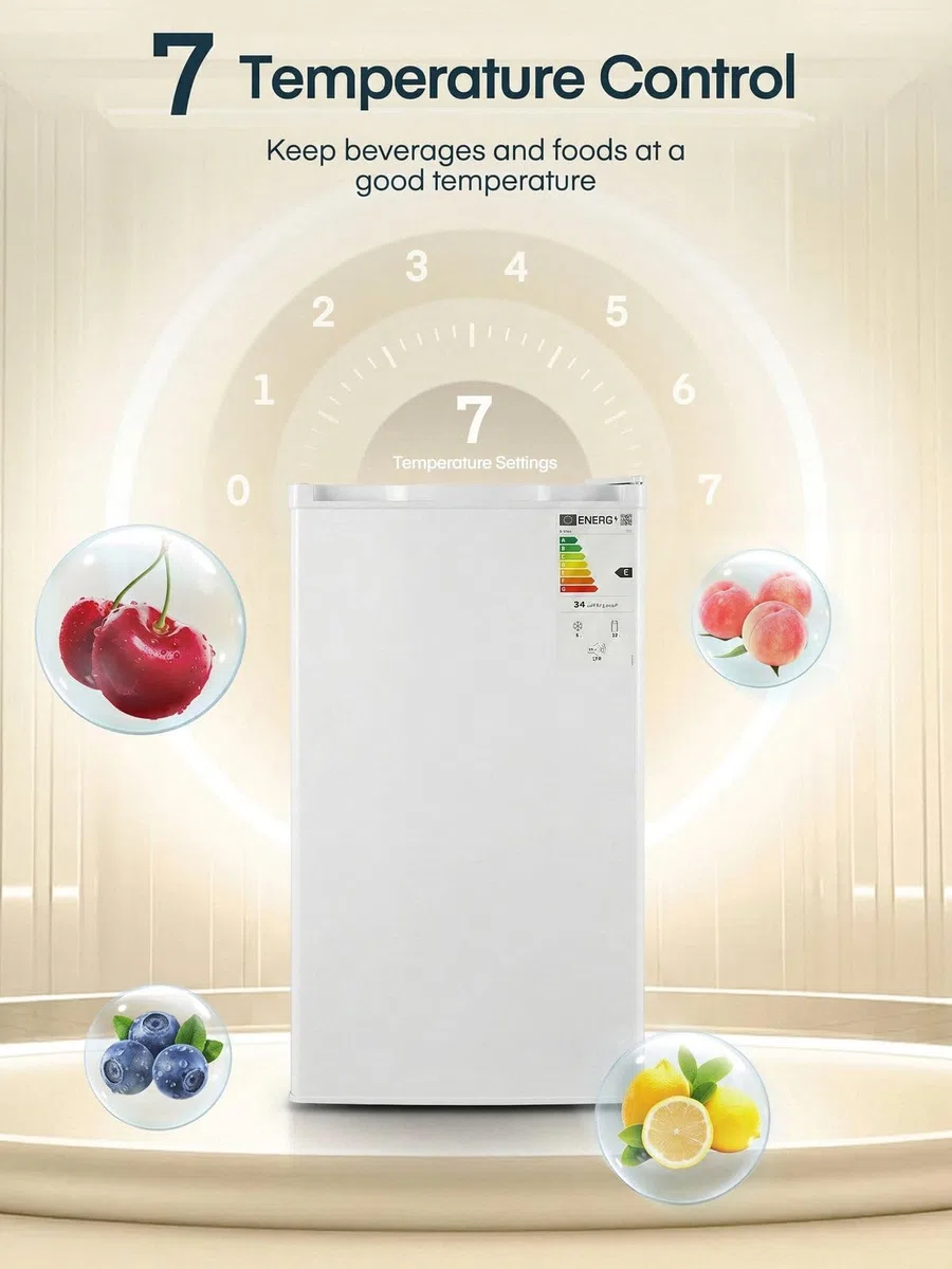 FOHERE Frigorifero Piccolo 90L, Frigorifero Monoporta con Fresh Zone, 7 Termostato Regolabile, Silenzioso, Scomparto per Verdure, Frigo da Ufficio, Camera, Bianco