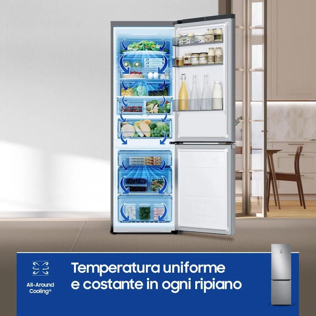 Samsung EcoFlex AI RB34C775CS9/EF Frigorifero Combinato, WiFi, SpaceMax, Total No Frost, All Around Cooling, Motore Digital Inverter Garantito 20 Anni, 344 L, LxAxP: 59,5 x 185,3 x 65,8 cm, Metal Inox