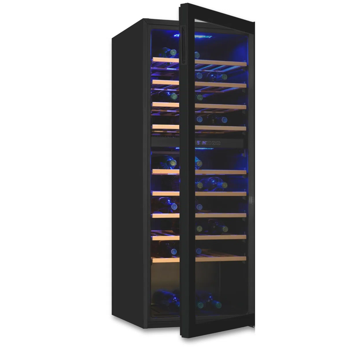 Exquisit Frigorifero per vino a 2 zone, spazio per 78 bottiglie, 194 litri, ventilatore a ricircolo, 9 ripiani in legno, display digitale della temperatura, WS2-78-GTE-160G nero
