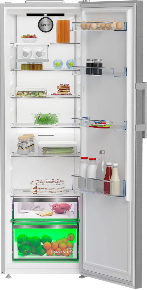 BEKO - B5RMLNE444HX - Frigorifero Monoporta, Total NO FROST, Classe E, Inox, Display Touch, 381 litri, AeroFlow, Harvest Fresh, Dimensioni: HxLxP: 186,5x60x71, porta bottiglie