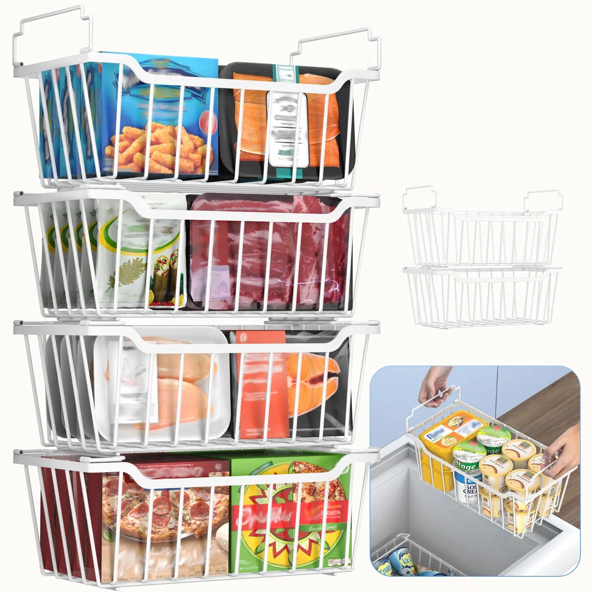 WELDUN Cestini per congelatore con manico pieghevole, confezione da 6 organizer impilabili per cassettiera piccola da 198 l, contenitori in metallo con spazio utilizzato, bianco